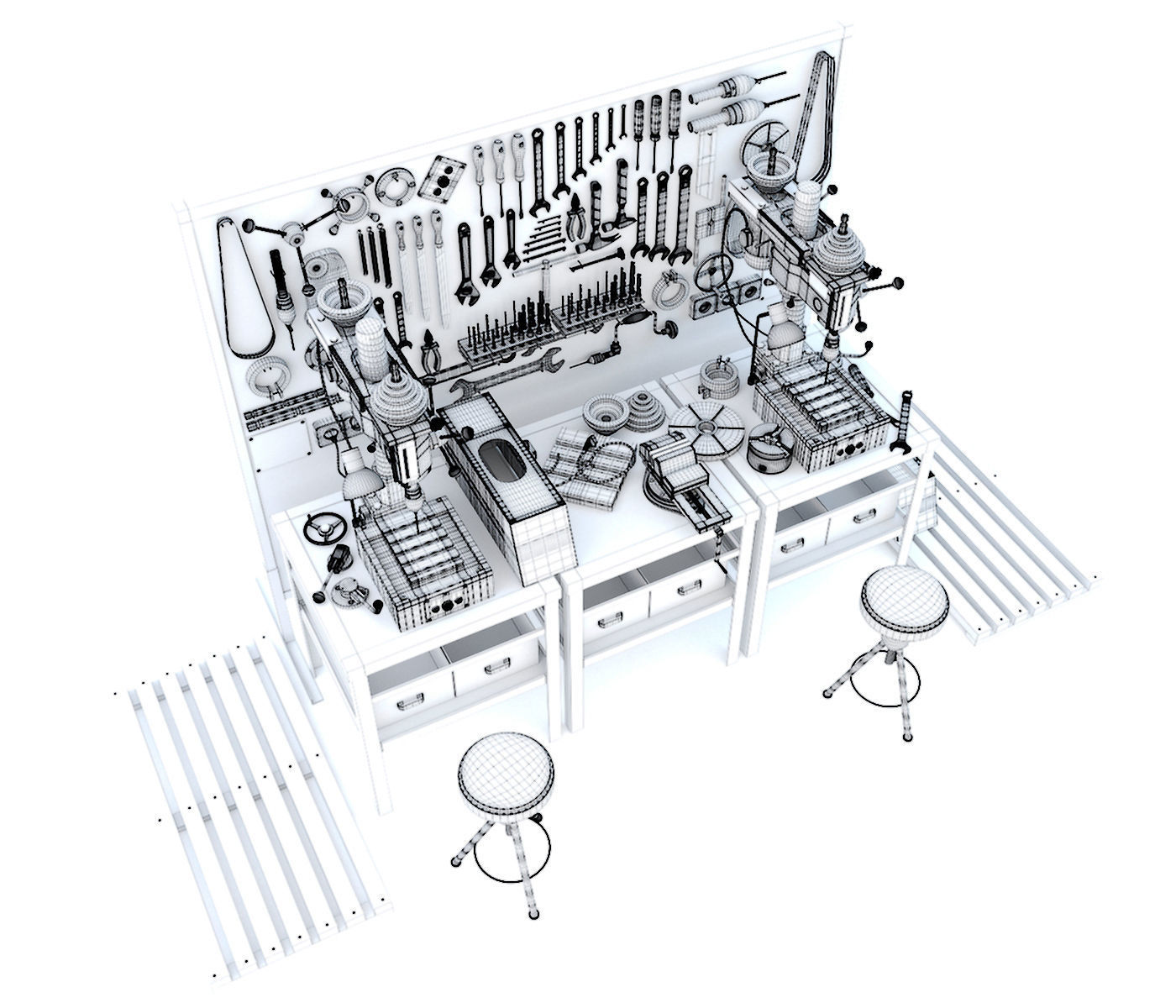 2M112 Drilling press and Industrial workbench garage tools 3D model_19