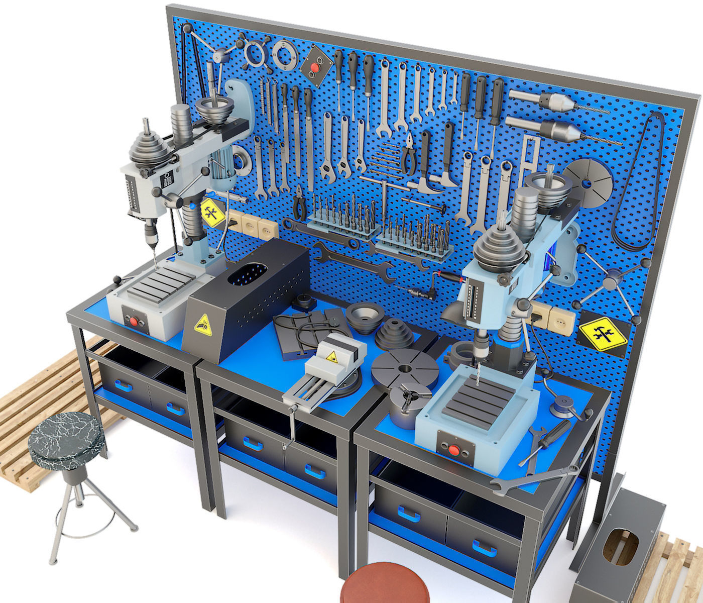 2M112 Drilling press and Industrial workbench garage tools 3D model_1