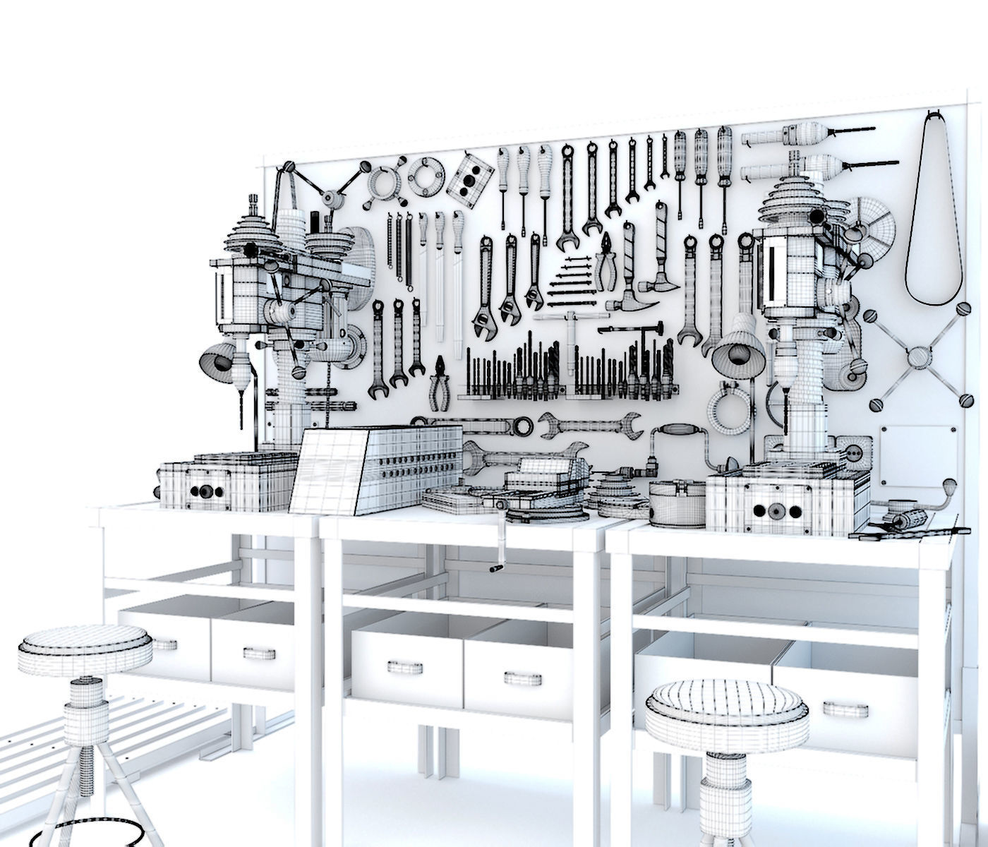 2M112 Drilling press and Industrial workbench garage tools 3D model_12