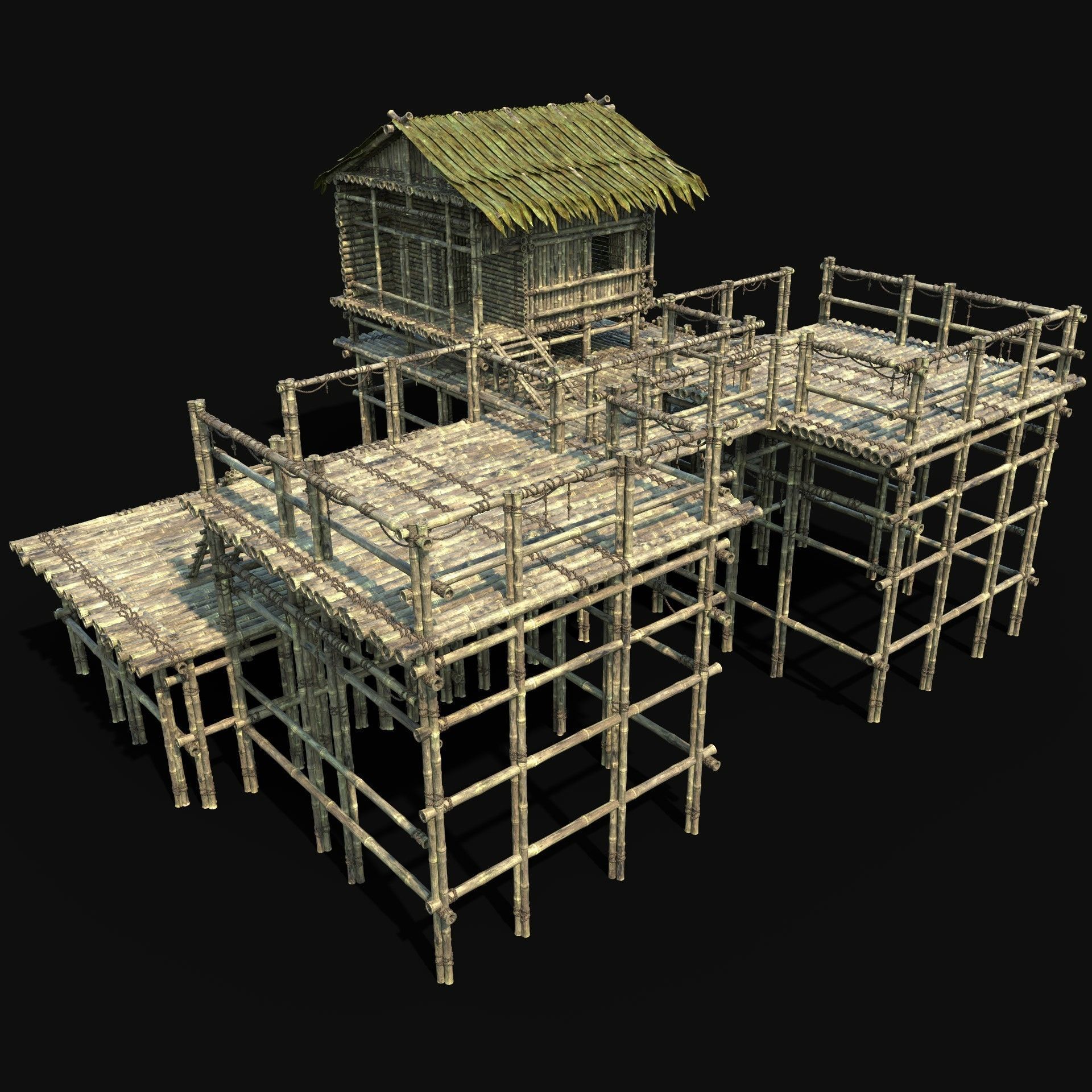 BAMBOO WATCHTOWER FORT SHELTER HOUSE TREE JUNGLE HUT SURVIVAL Low-poly 3D model_3