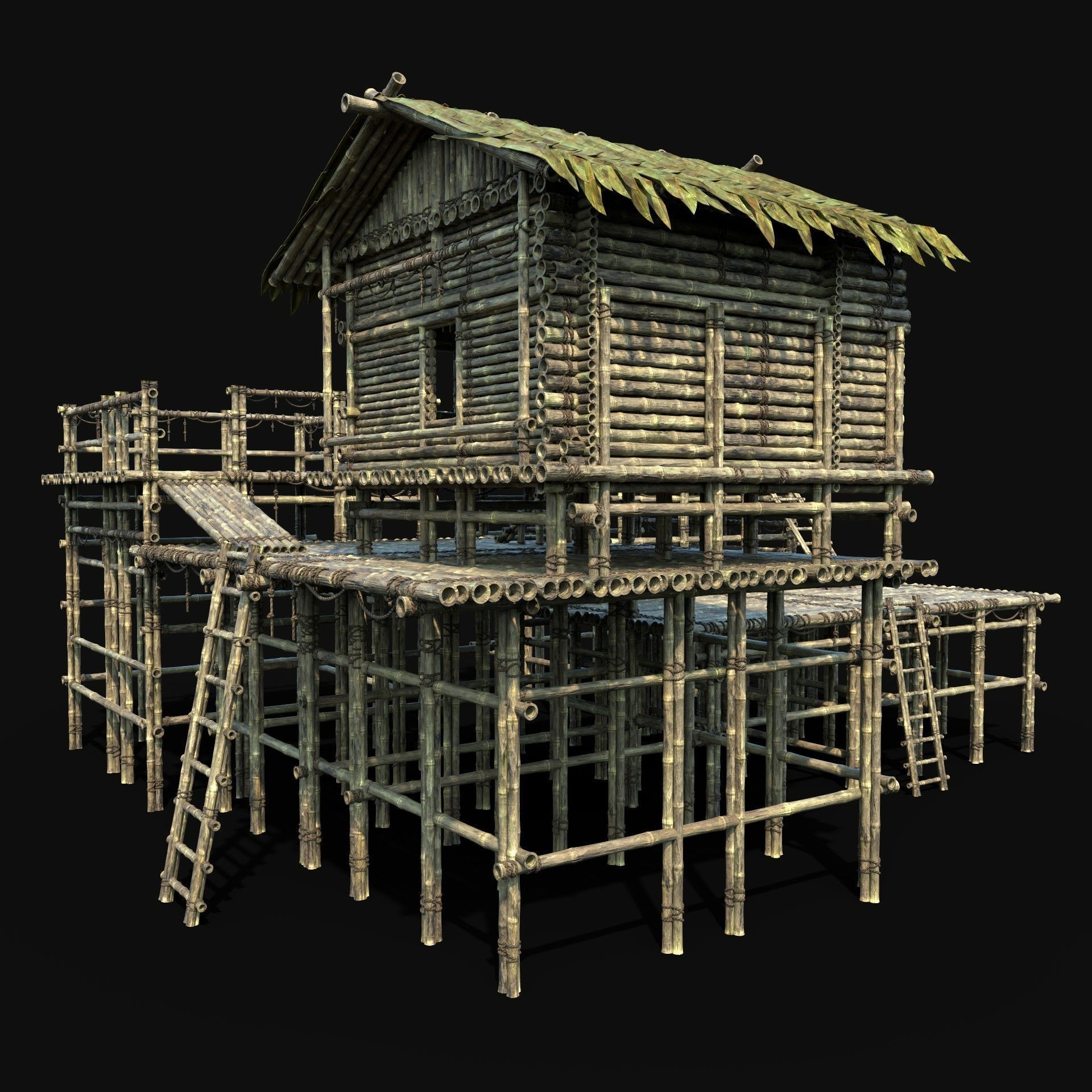 BAMBOO WATCHTOWER FORT SHELTER HOUSE TREE JUNGLE HUT SURVIVAL Low-poly 3D model_7