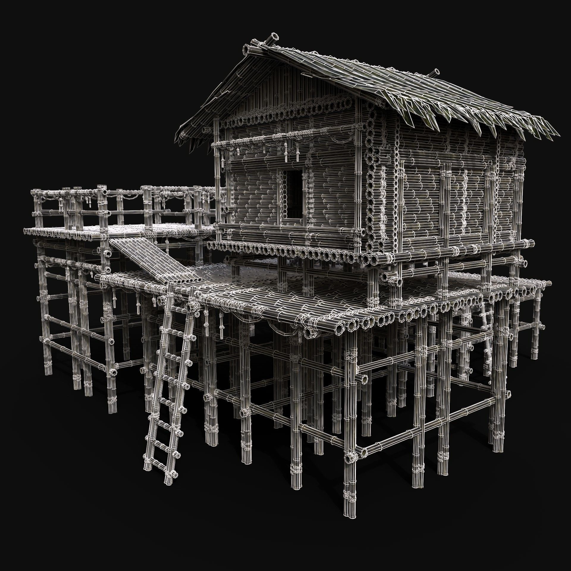 BAMBOO WATCHTOWER FORT SHELTER HOUSE TREE JUNGLE HUT SURVIVAL Low-poly 3D model_10