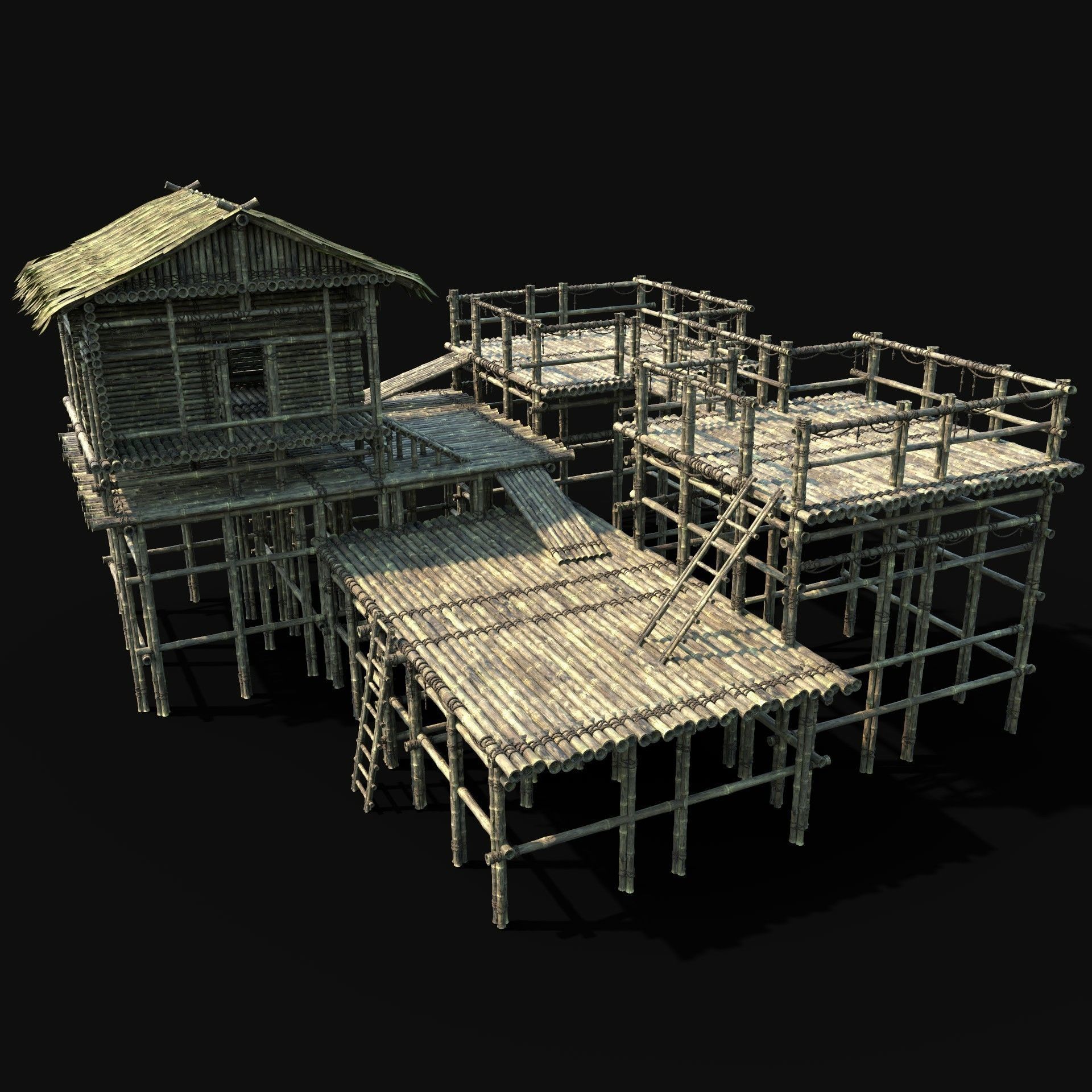 BAMBOO WATCHTOWER FORT SHELTER HOUSE TREE JUNGLE HUT SURVIVAL Low-poly 3D model_1