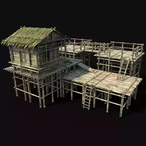 BAMBOO WATCHTOWER FORT SHELTER HOUSE TREE JUNGLE HUT SURVIVAL Low-poly 3D model