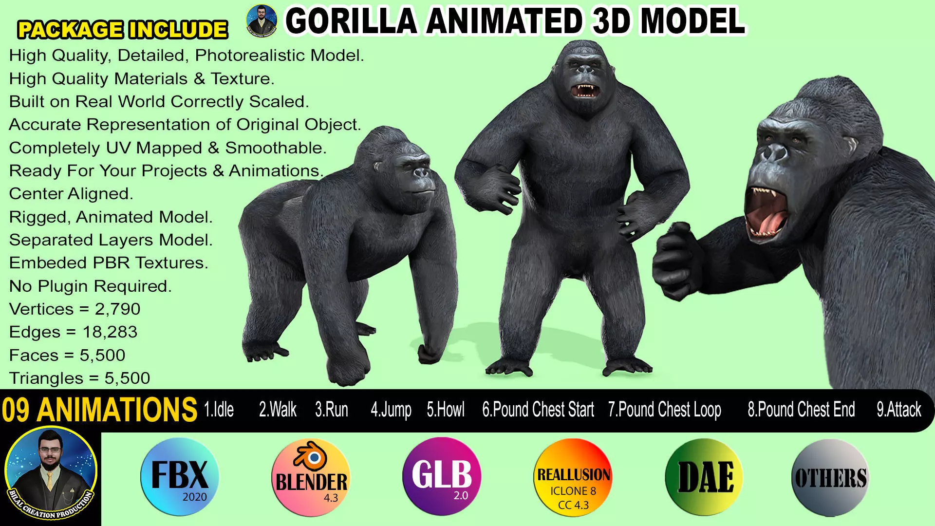 Gorilla Rigged Animated 9 Low-poly 3D model_0