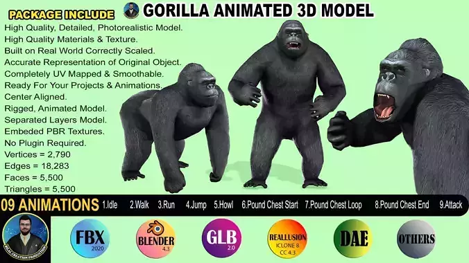 Gorilla Rigged Animated 9 Low-poly 3D model