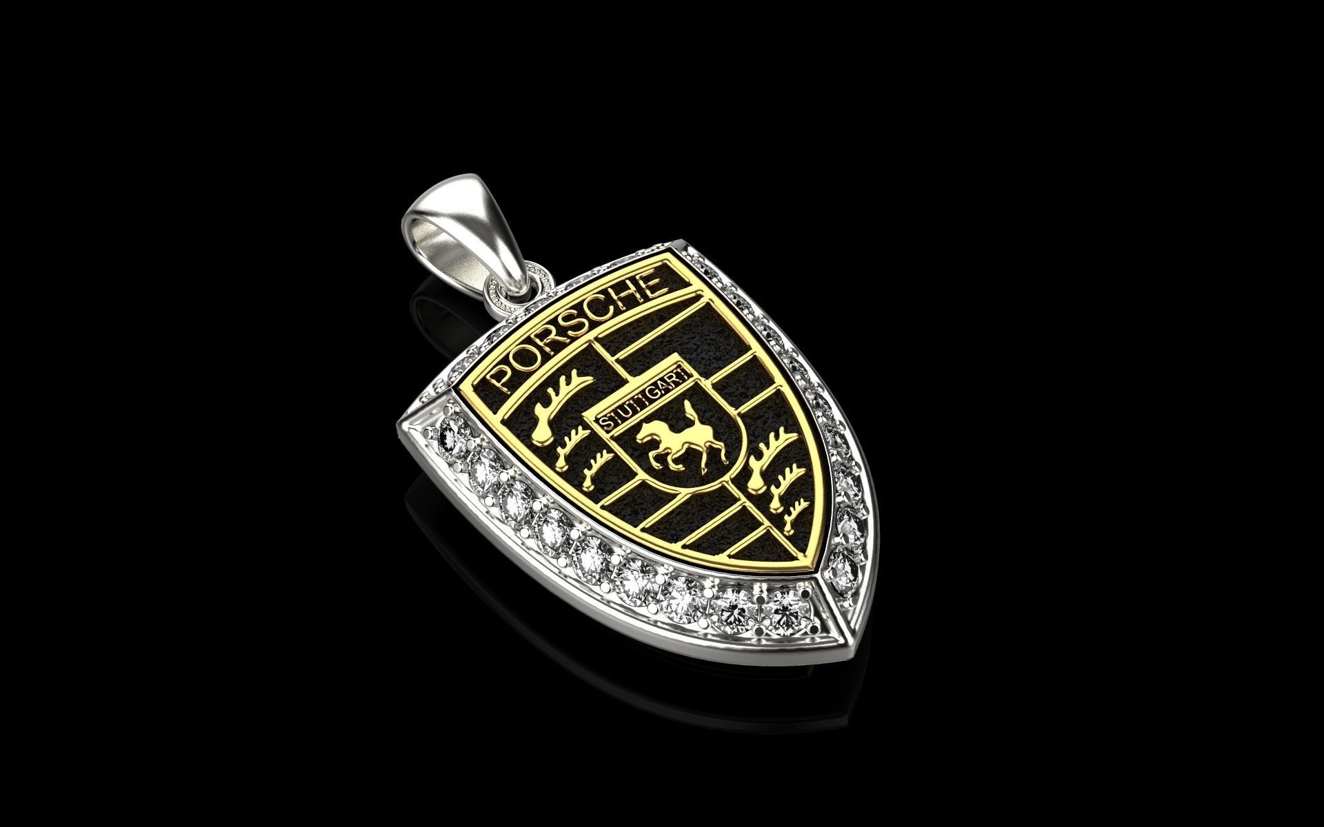 Porche 3d model porsche shield pendant with diamonds 3D print model_1