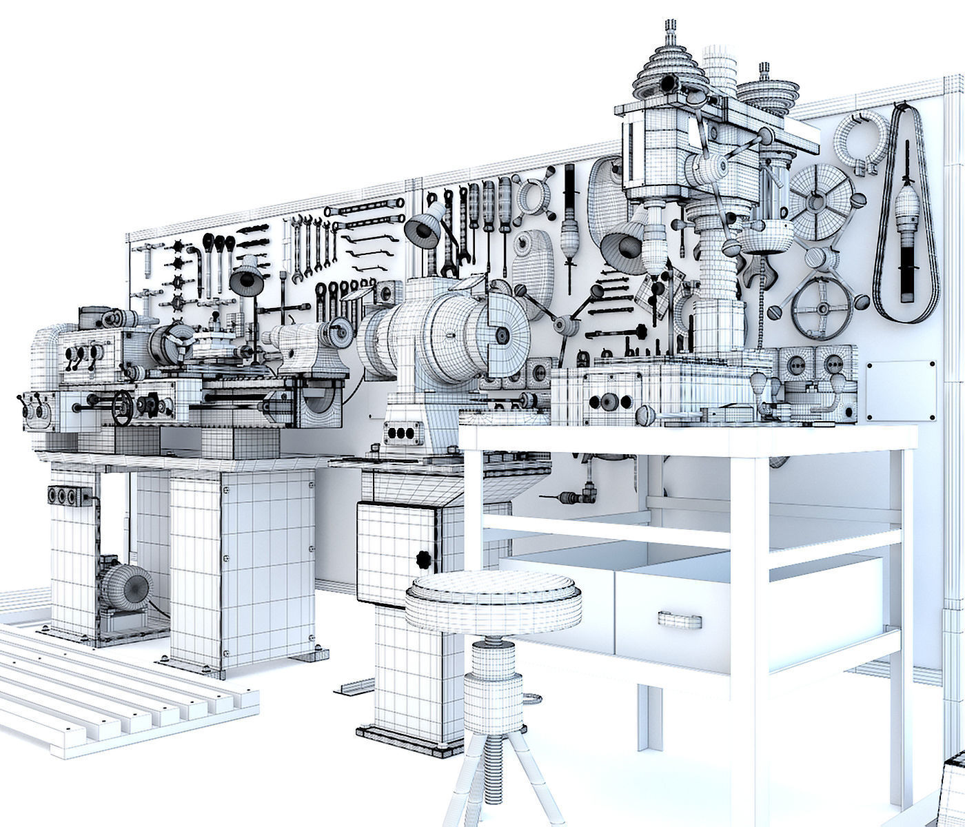 workbench garage tools and lathe grinder drilling machine 3D model_10