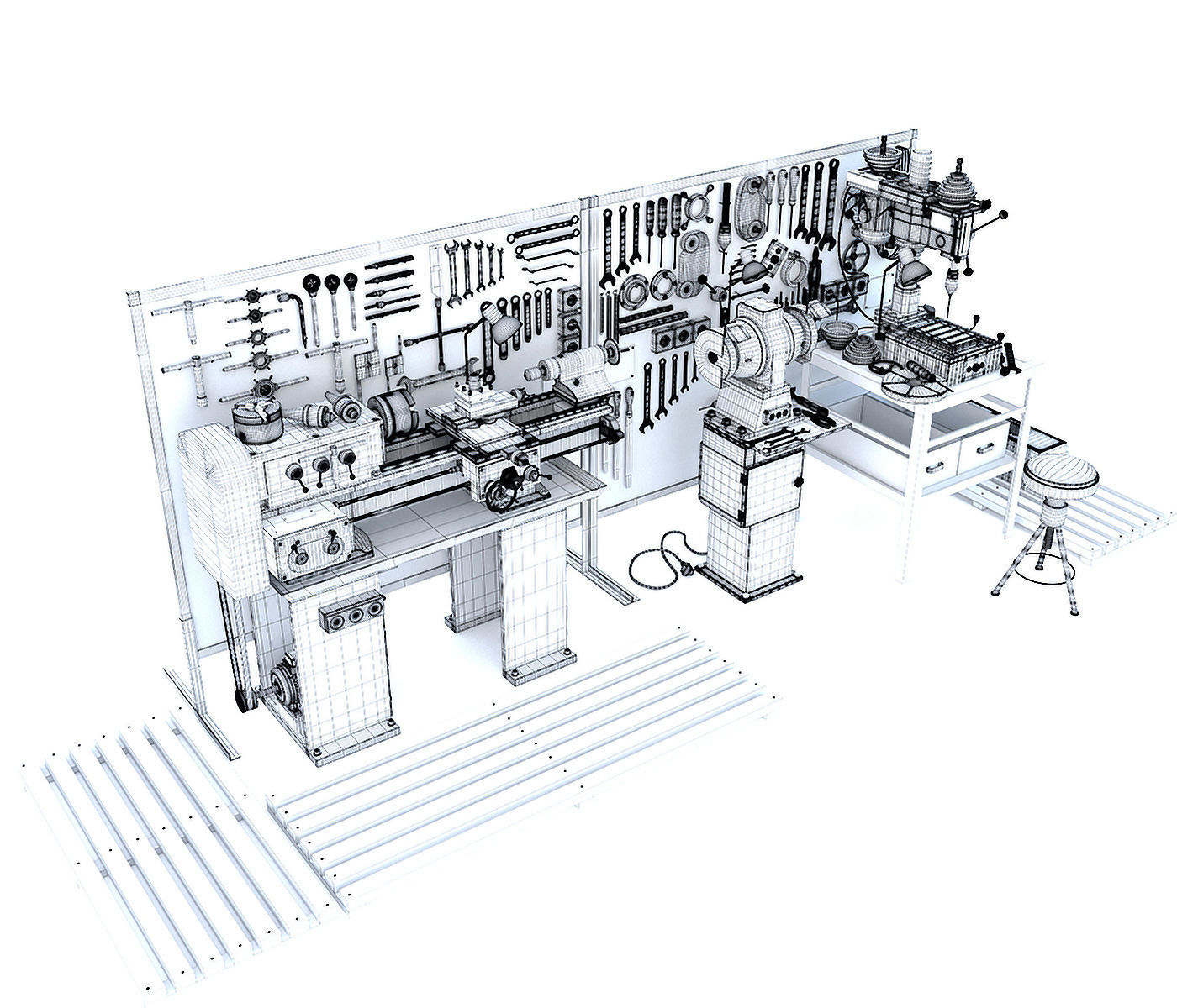 workbench garage tools and lathe grinder drilling machine 3D model_19
