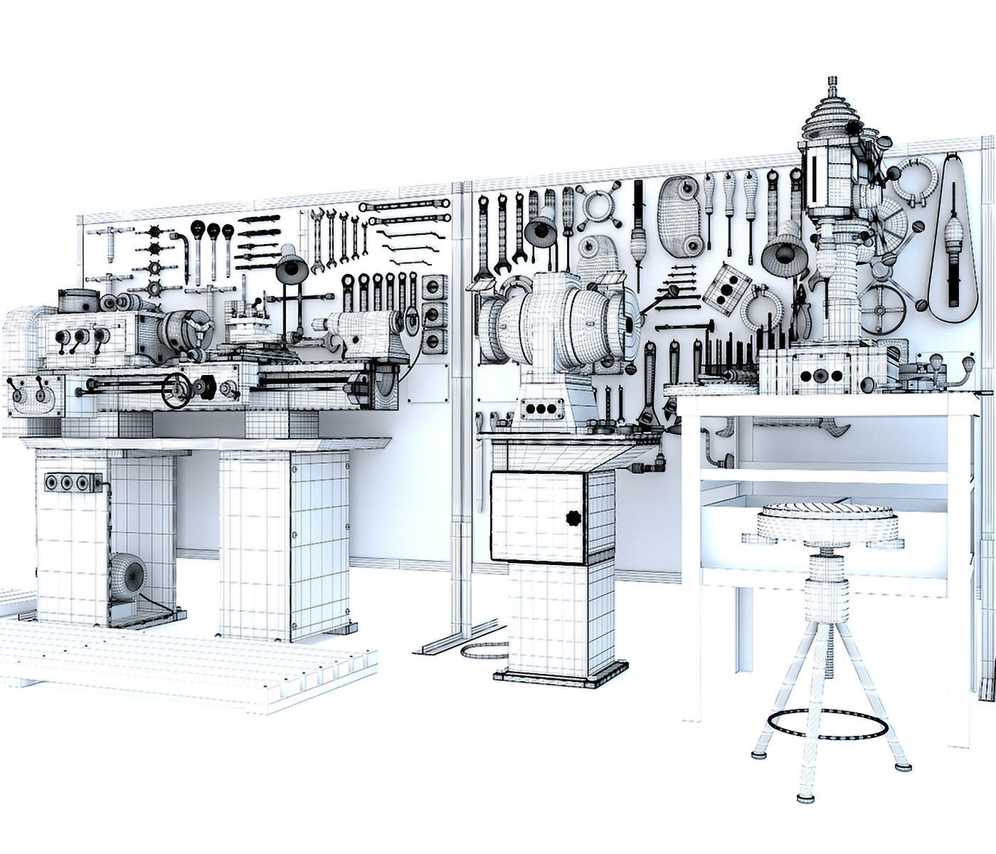 workbench garage tools and lathe grinder drilling machine 3D model_11