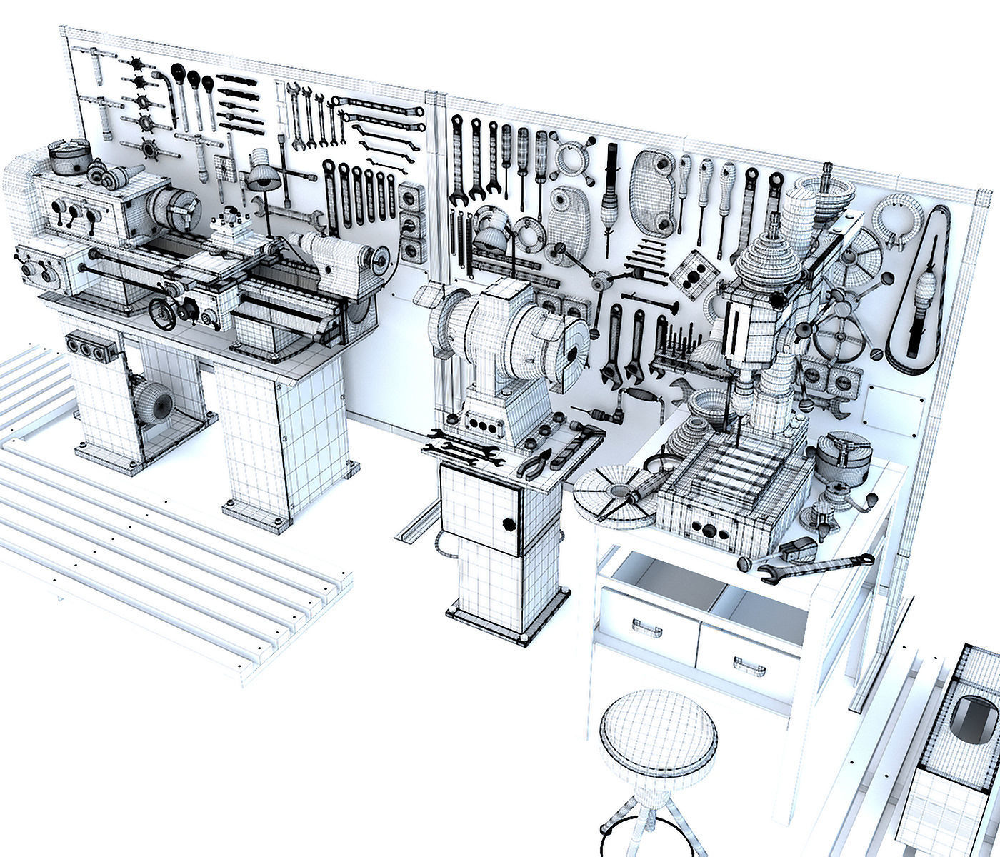 workbench garage tools and lathe grinder drilling machine 3D model_15