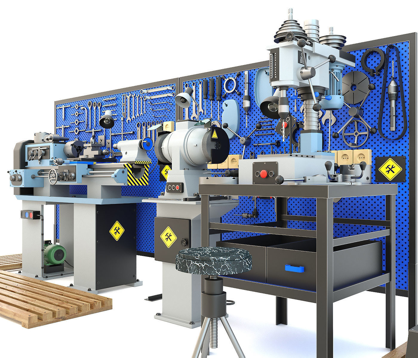 workbench garage tools and lathe grinder drilling machine 3D model_1