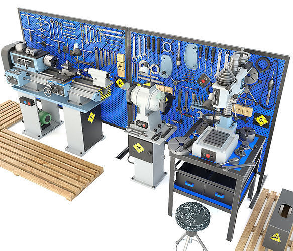 workbench garage tools and lathe grinder drilling machine 3D model