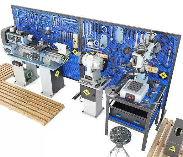 workbench garage tools and lathe grinder drilling machine 3D model