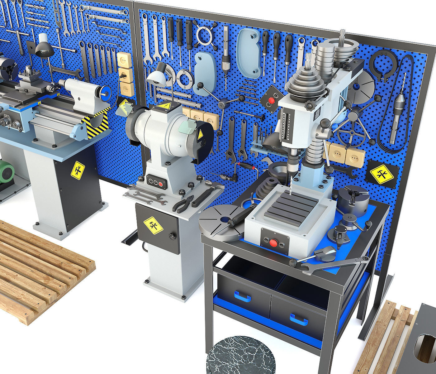 workbench garage tools and lathe grinder drilling machine 3D model_7