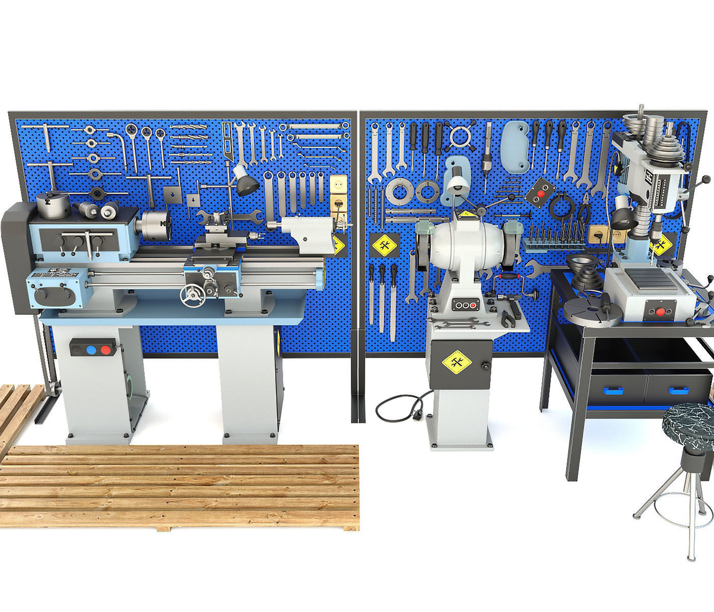 workbench garage tools and lathe grinder drilling machine 3D model_4