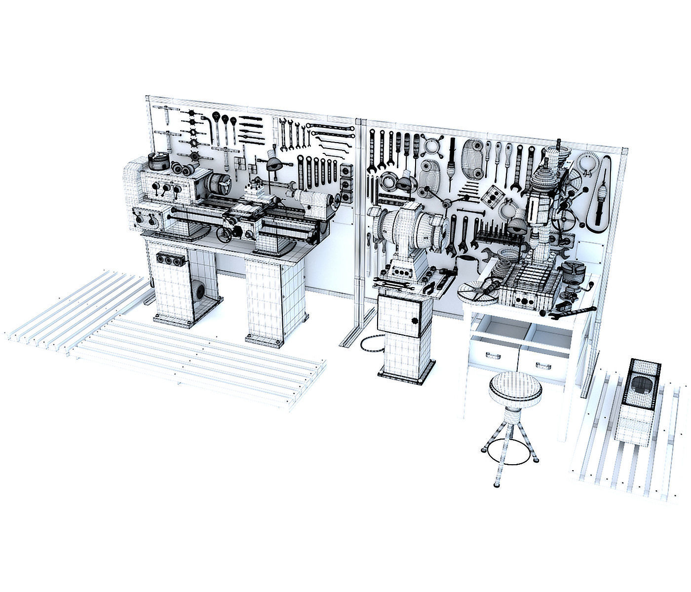 workbench garage tools and lathe grinder drilling machine 3D model_18