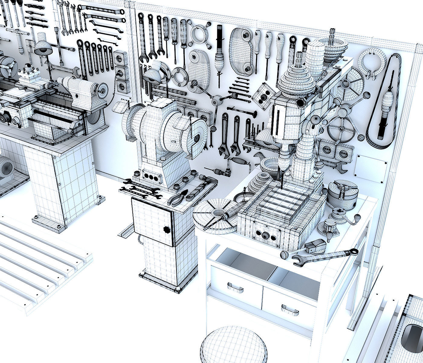 workbench garage tools and lathe grinder drilling machine 3D model_17