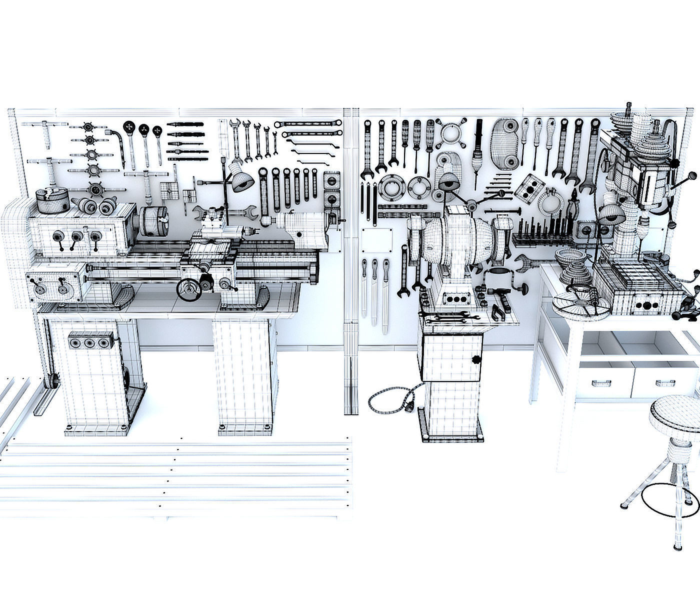 workbench garage tools and lathe grinder drilling machine 3D model_13