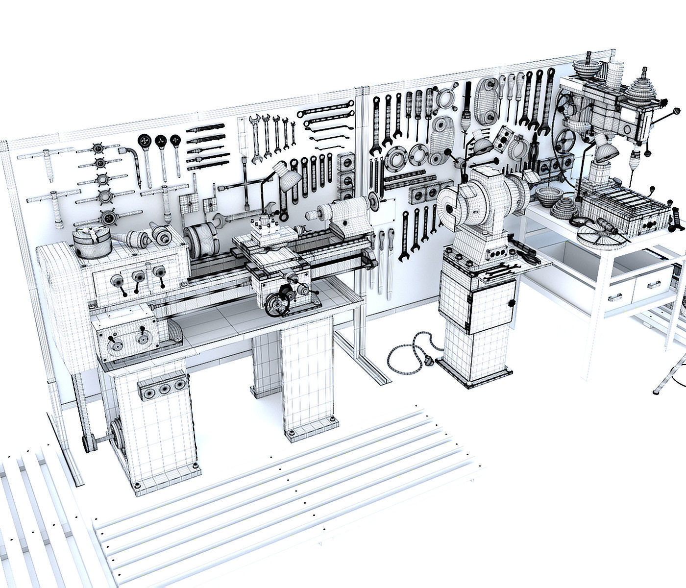 workbench garage tools and lathe grinder drilling machine 3D model_14