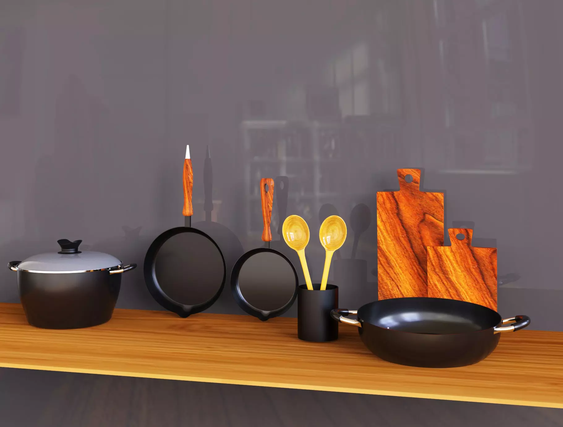 Non-Stick-Kitchen-Accessories pots and pans on shelf Low-poly 3D model