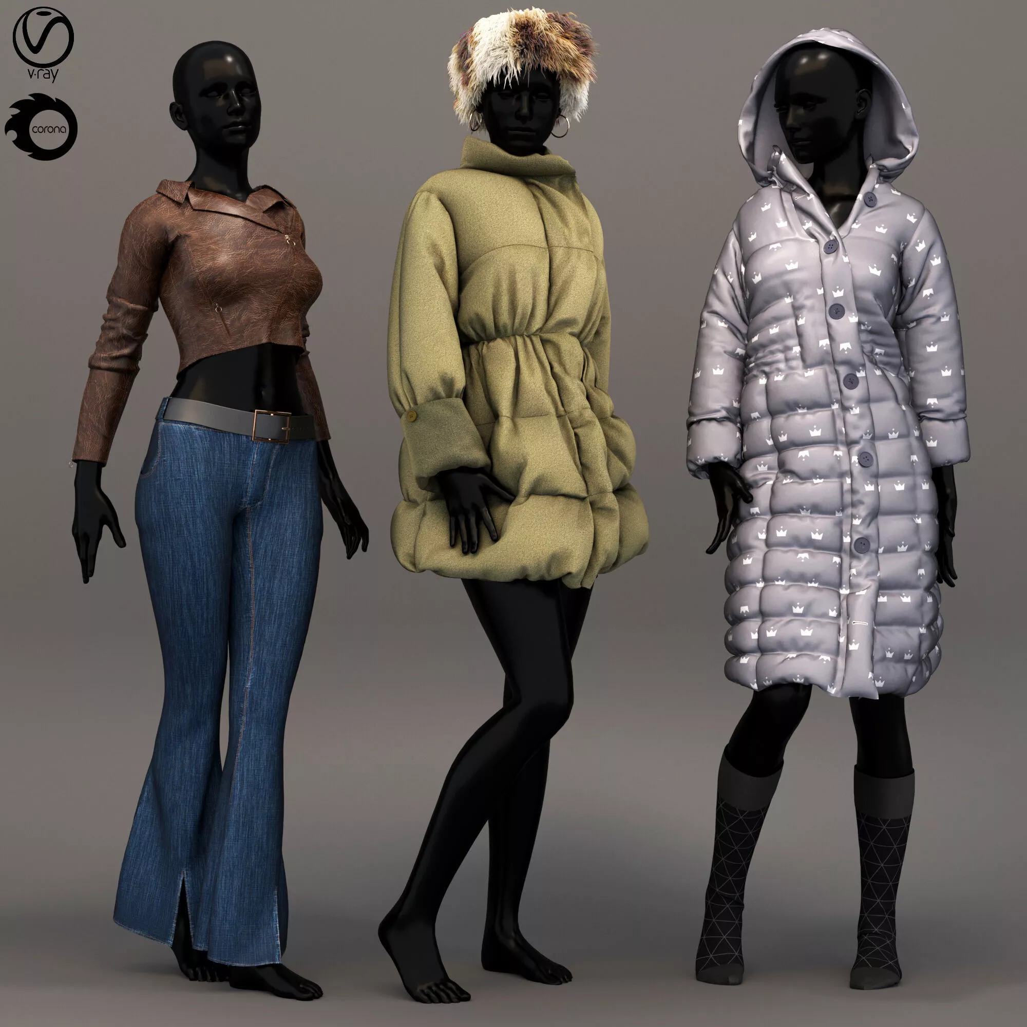 mannequinsVol01 three mannequins dressed in winter clothes Free 3D model