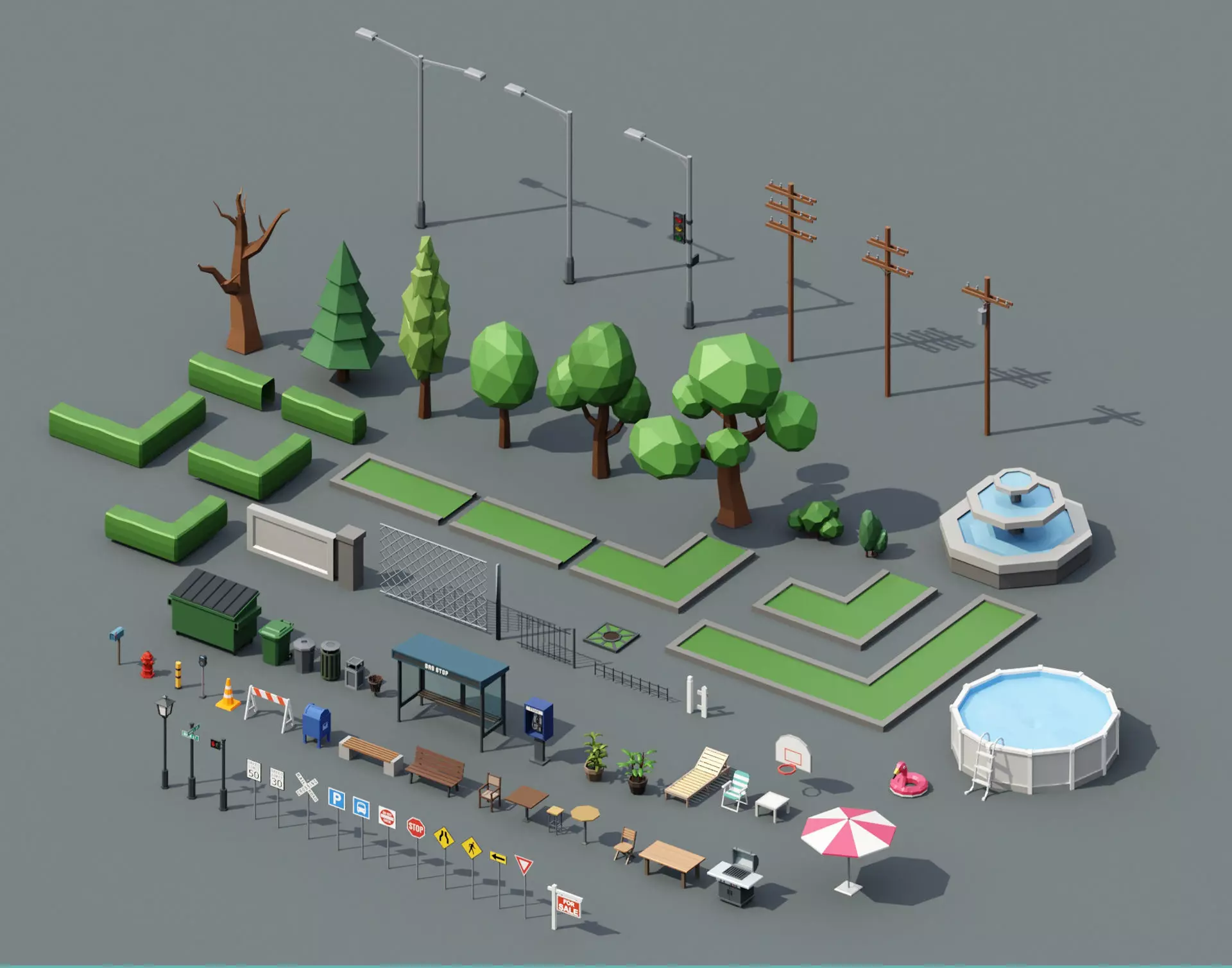 City street props assets pack Low-poly 3D model_0
