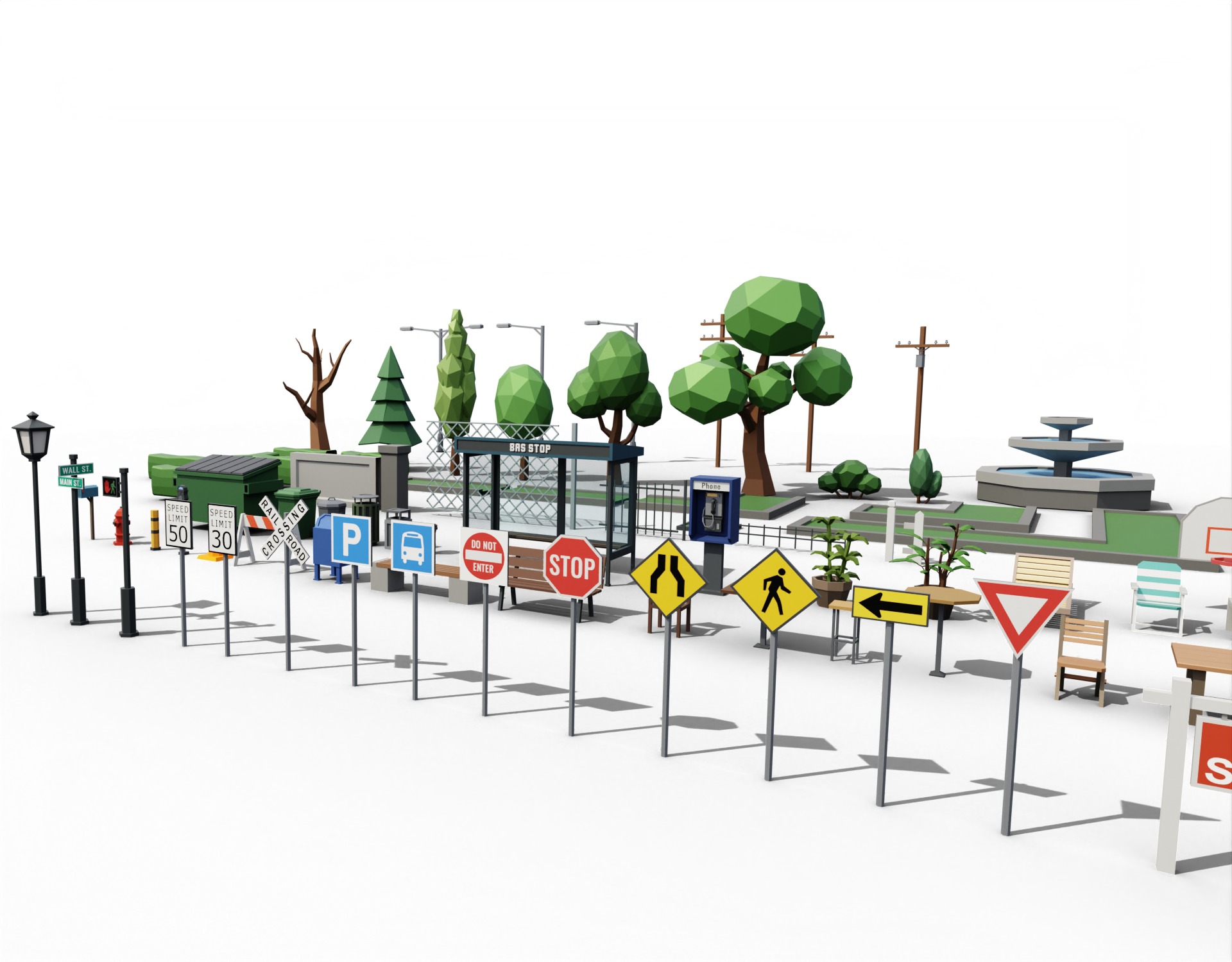 City street props assets pack Low-poly 3D model_1