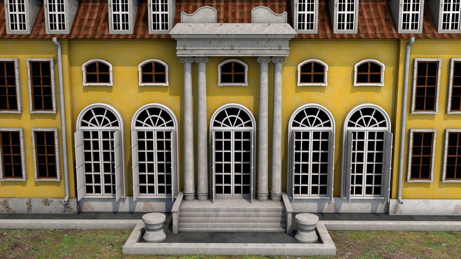 Building house on grassy field Low-poly 3D model_1