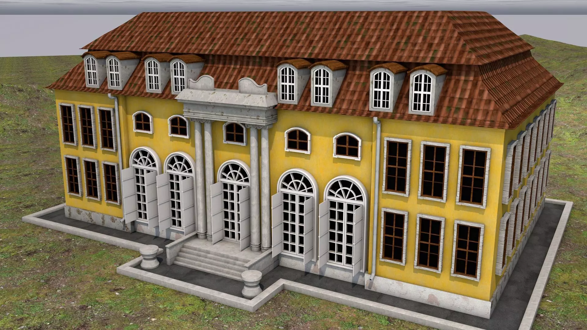 Building house on grassy field Low-poly 3D model_0