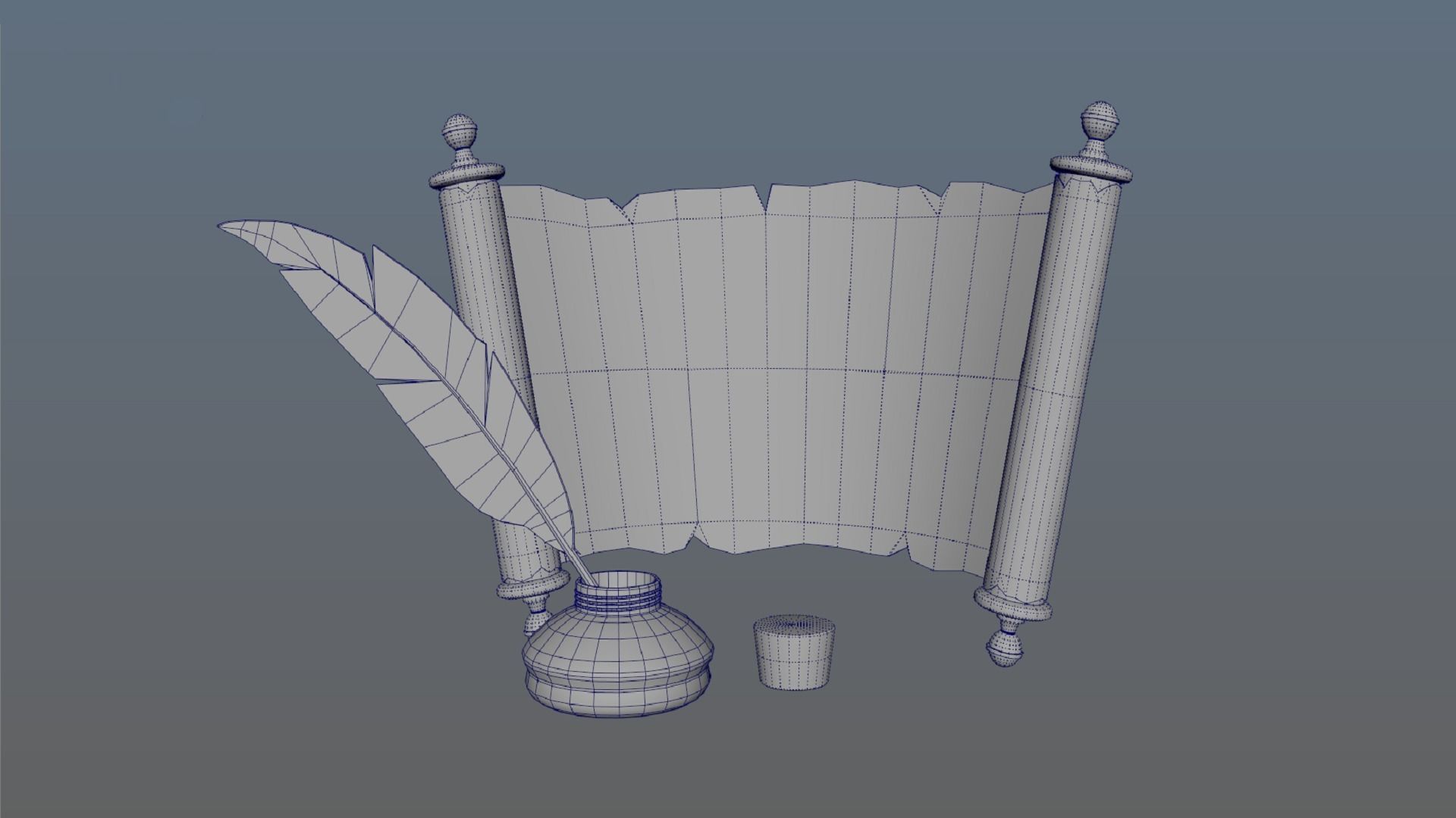 Set of papyrus scroll and inkwell with stopper and quill PBR  Low-poly 3D model_5