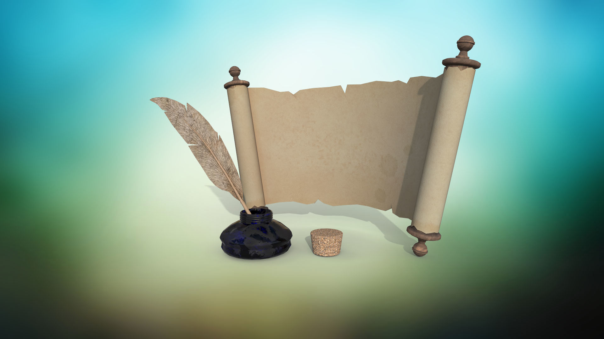 Set of papyrus scroll and inkwell with stopper and quill PBR  Low-poly 3D model_1