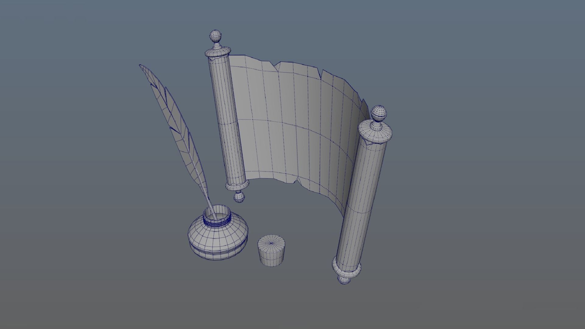 Set of papyrus scroll and inkwell with stopper and quill PBR  Low-poly 3D model_6