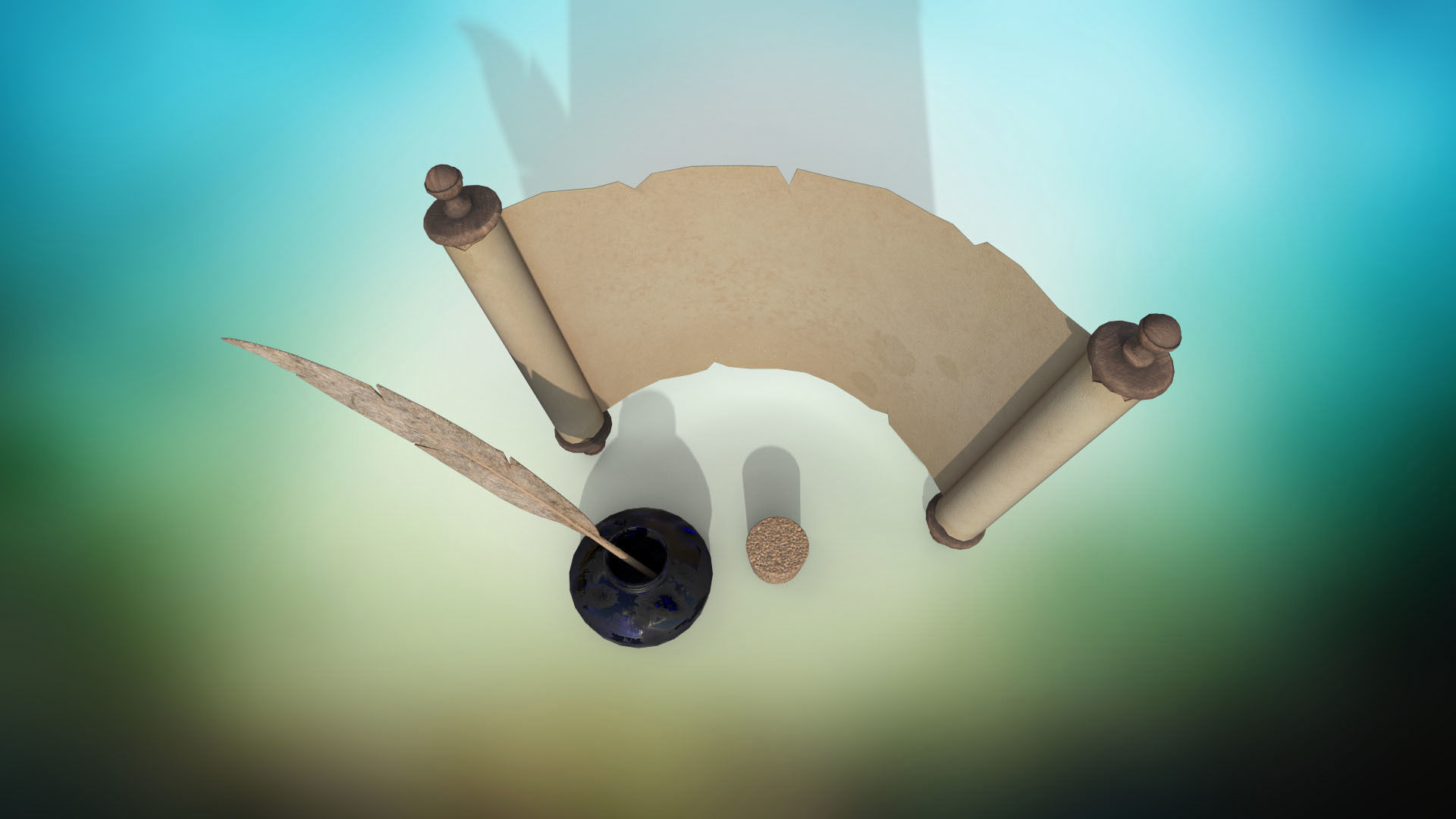 Set of papyrus scroll and inkwell with stopper and quill PBR  Low-poly 3D model_3