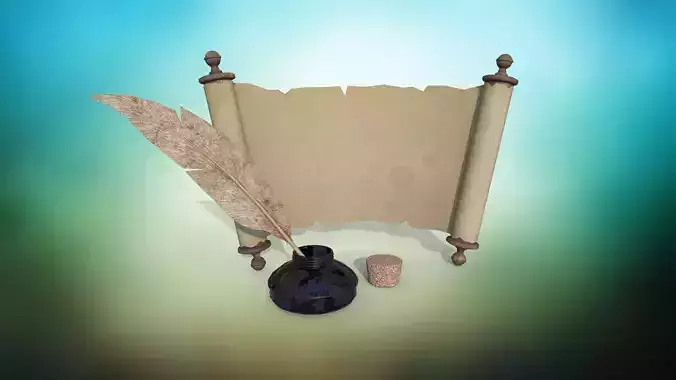 Set of papyrus scroll and inkwell with stopper and quill PBR  Low-poly 3D model
