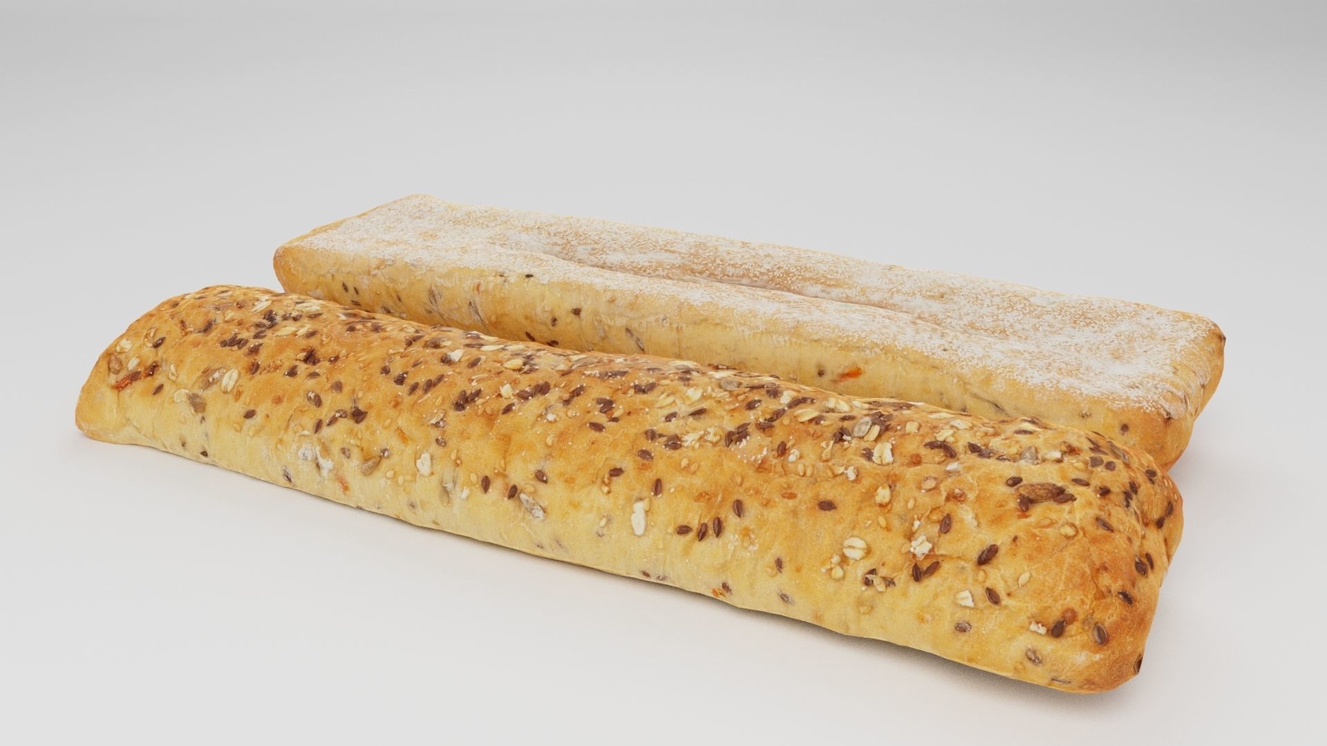 Baguette or cut French bread with seeds and spices 3D model_3