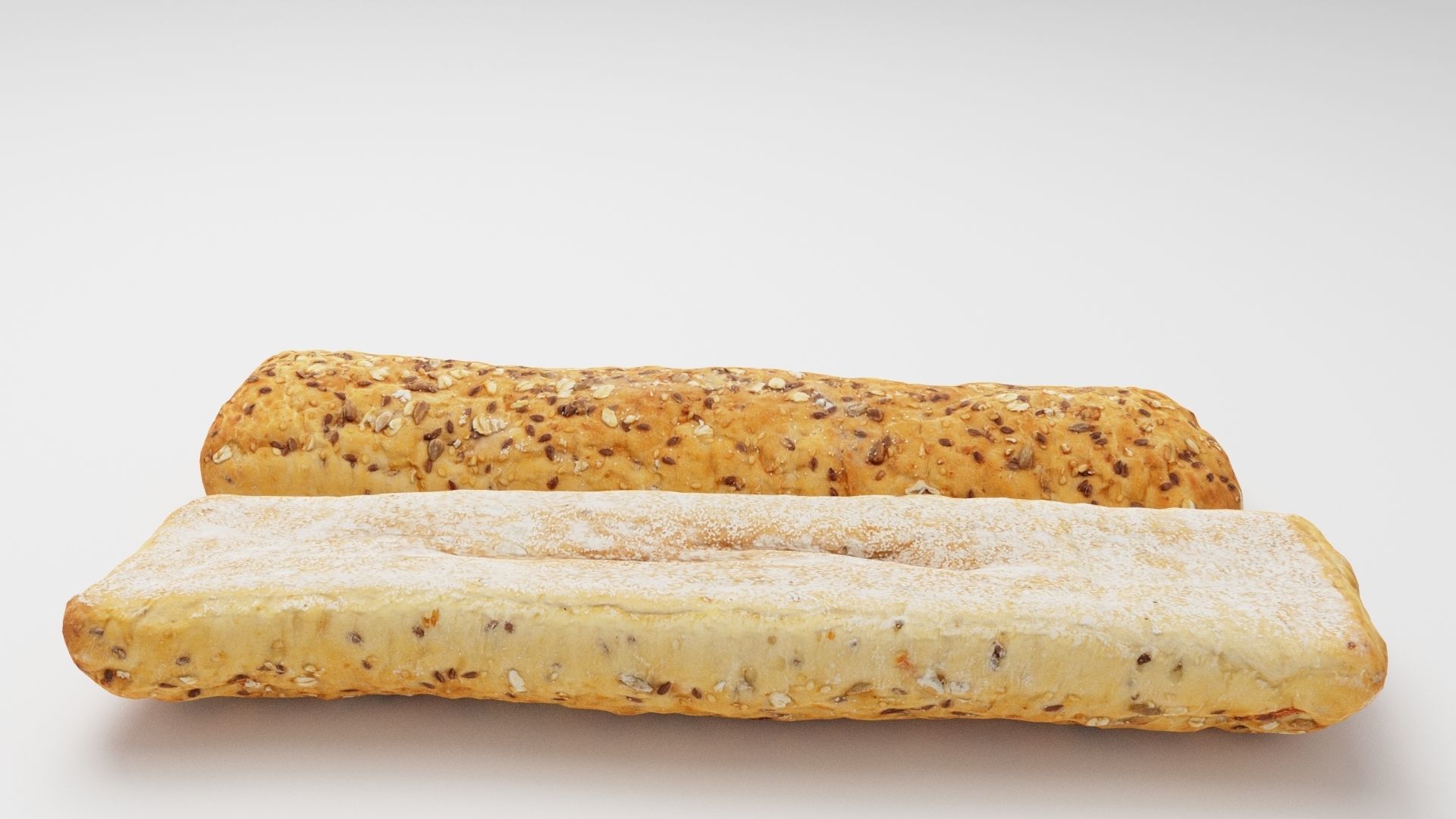 Baguette or cut French bread with seeds and spices 3D model_1