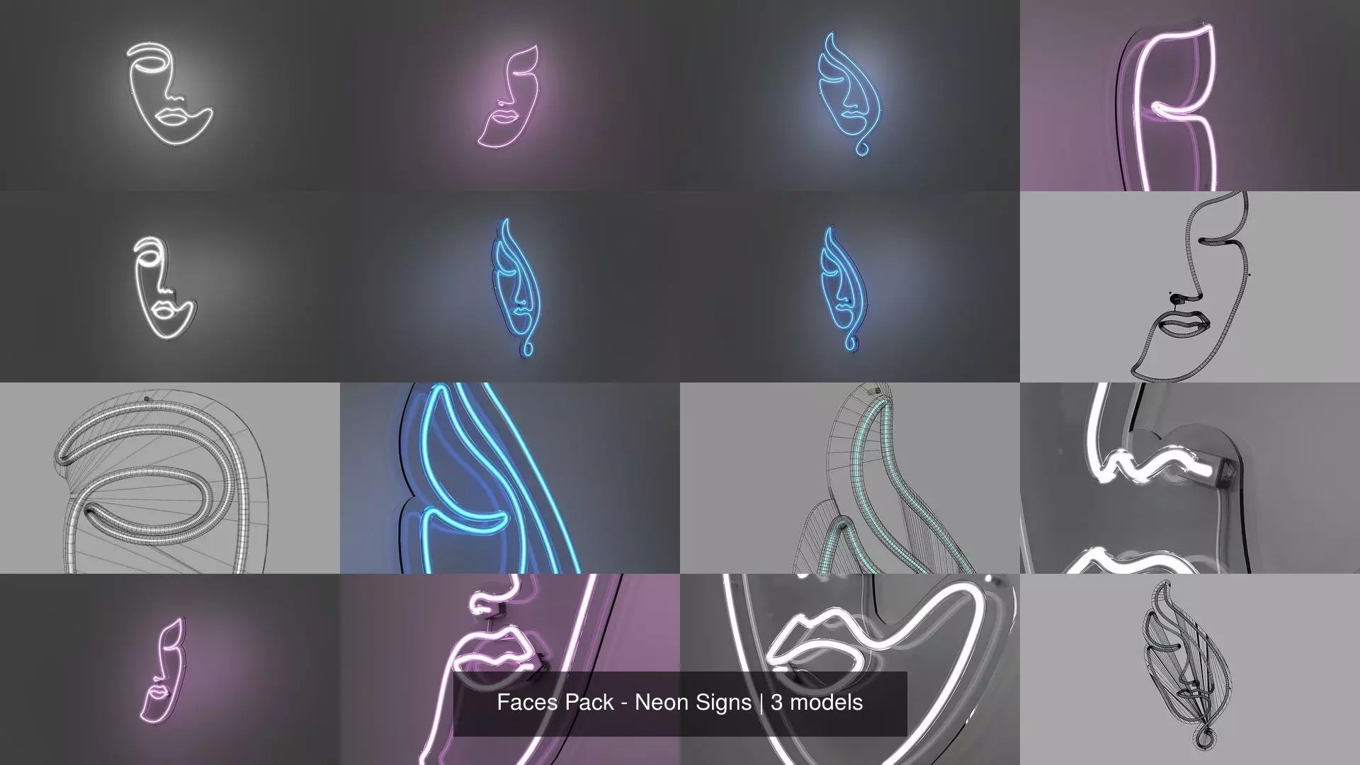 Faces Pack - Neon Signs 3D Model Collection_0