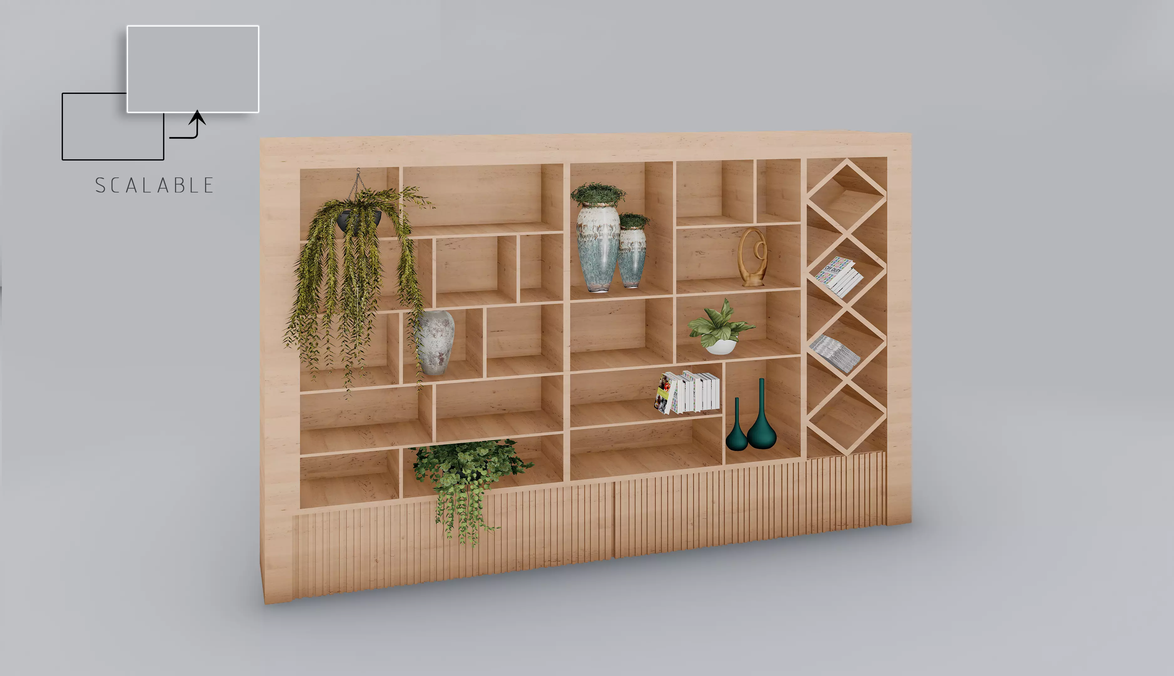 SCALABLE Modern Wood Shelf Bookcase Bookshelf 3D Model 3D model_0