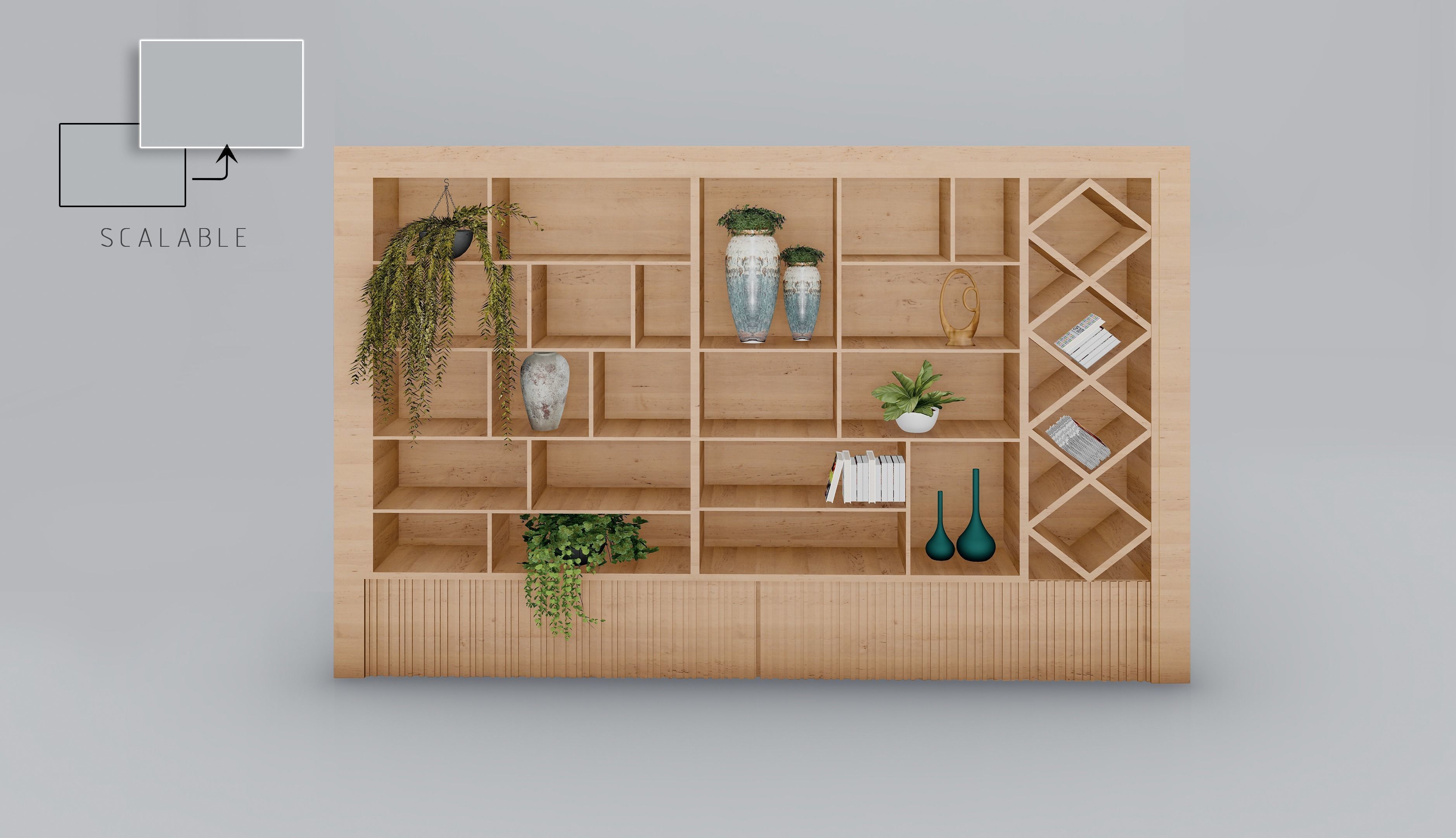 SCALABLE Modern Wood Shelf Bookcase Bookshelf 3D Model 3D model_1