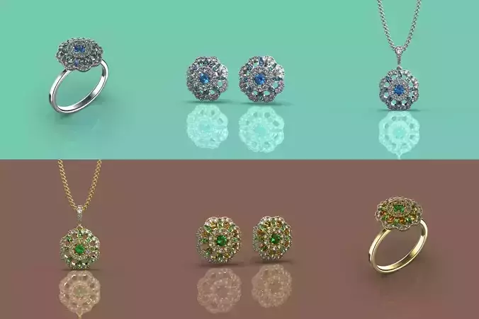 Set Classical Blue floral -3D Jewelry  3D Model Collection