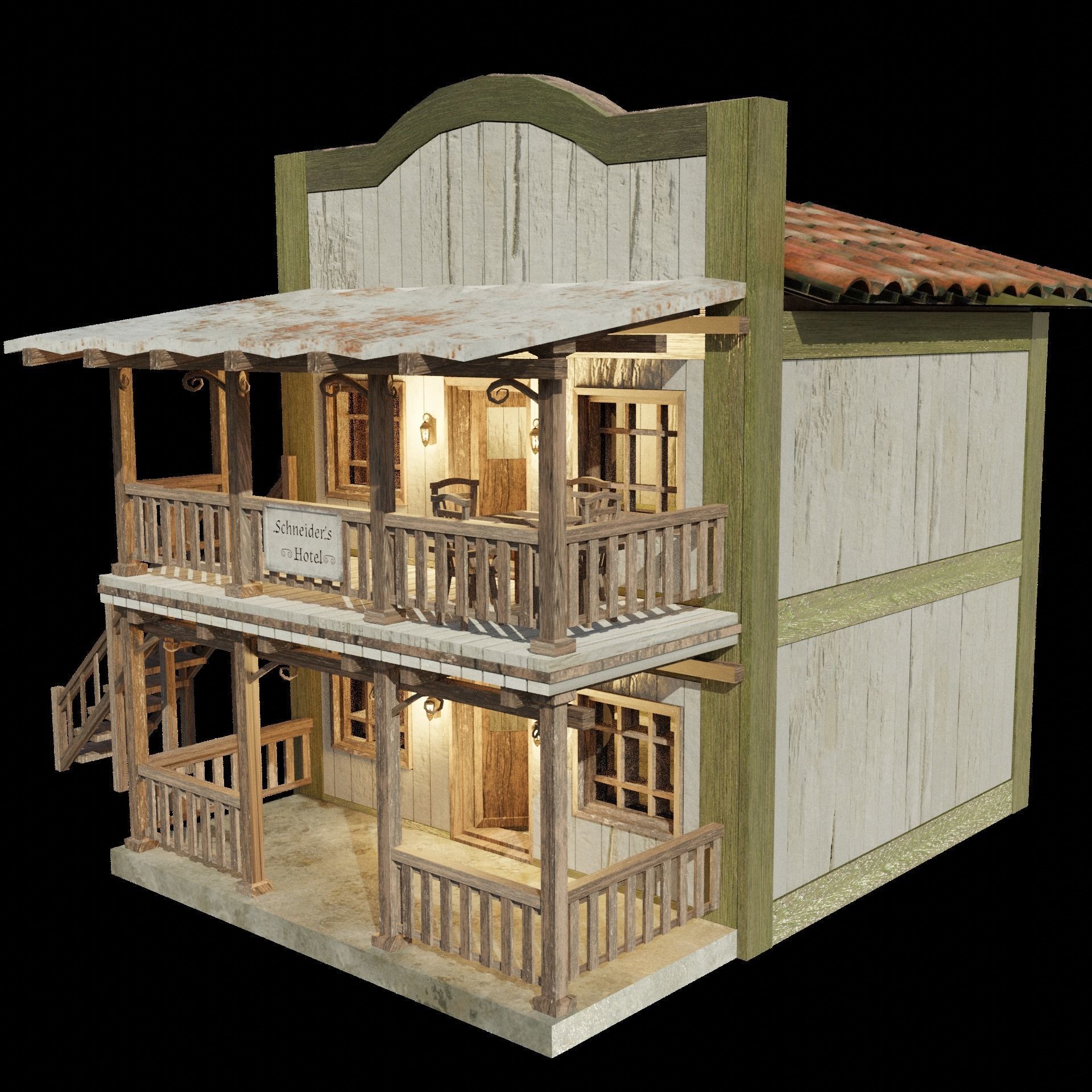 Enterable Vintage West Hotel House  Low-poly 3D model_1