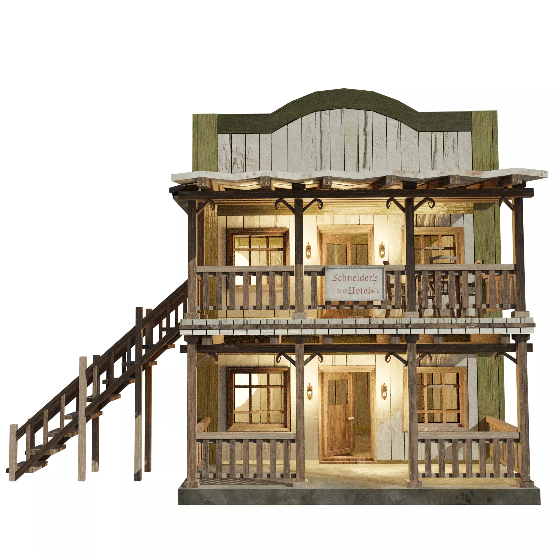 Enterable Vintage West Hotel House  Low-poly 3D model_0