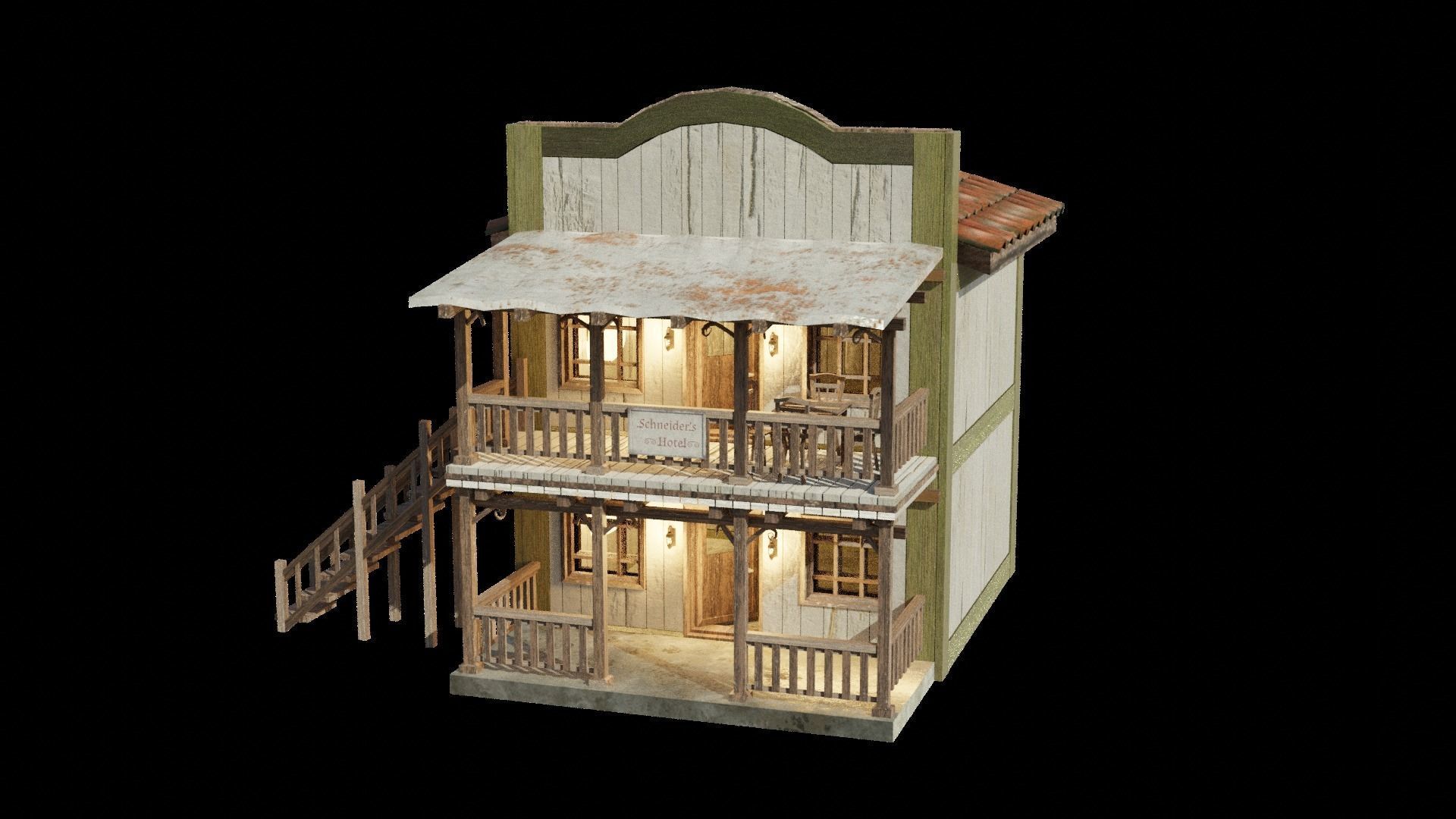Enterable Vintage West Hotel House  Low-poly 3D model_2