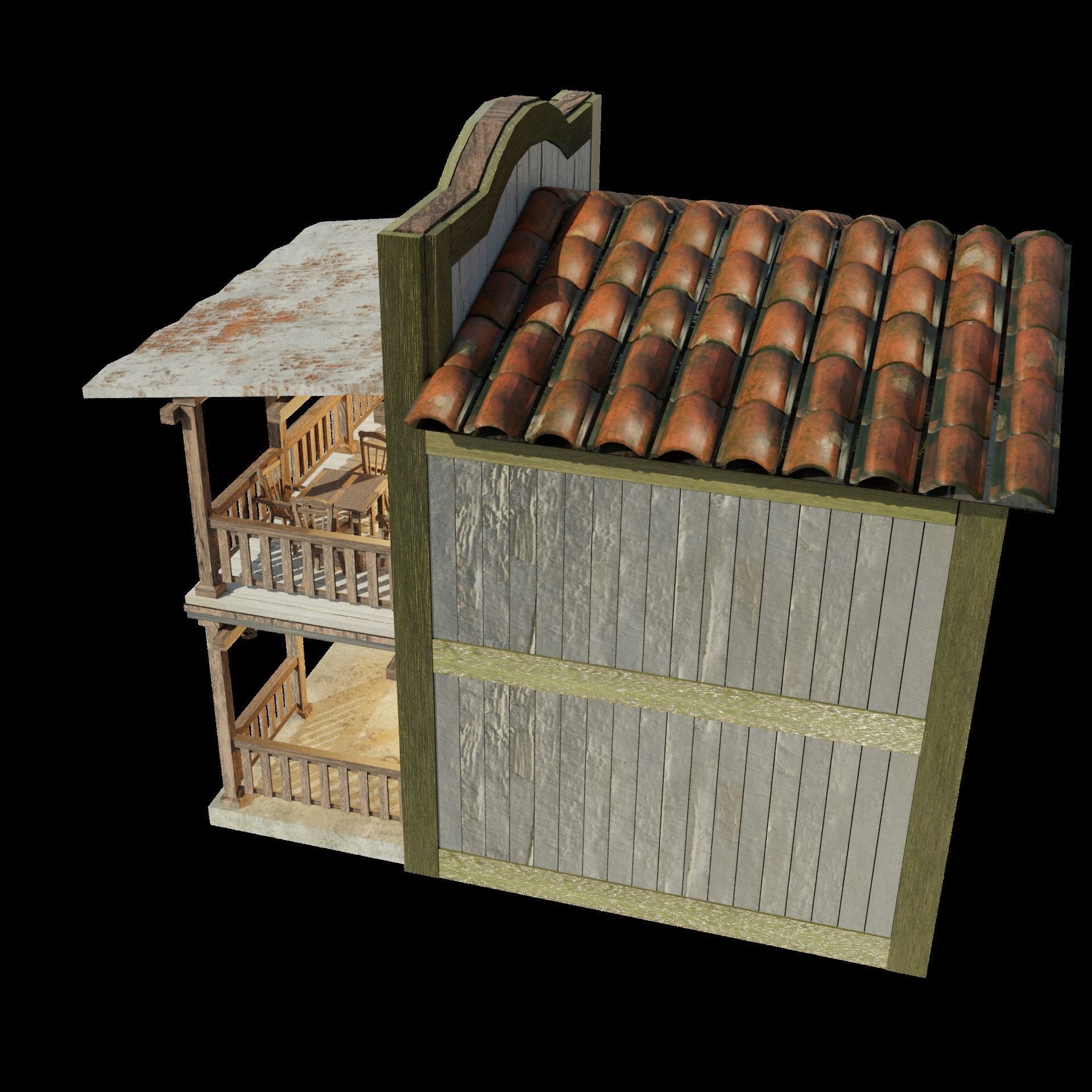 Enterable Vintage West Hotel House  Low-poly 3D model_3