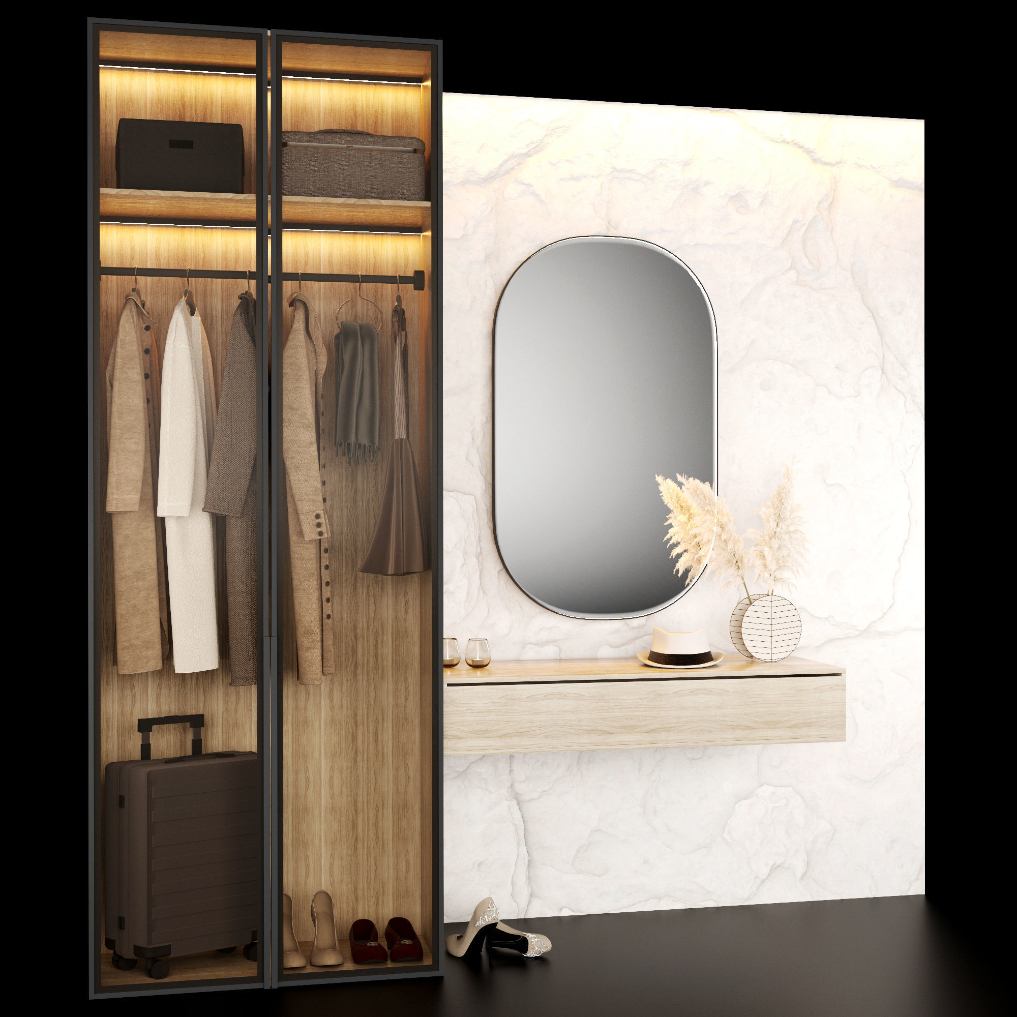Hallway wardrobe with mirror and clothes hanging in it 3D model_3