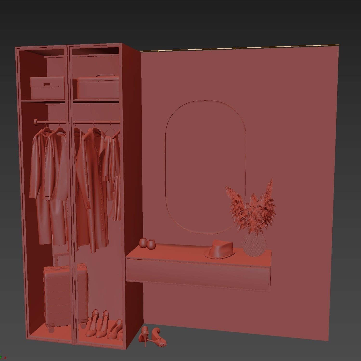 Hallway wardrobe with mirror and clothes hanging in it 3D model_8