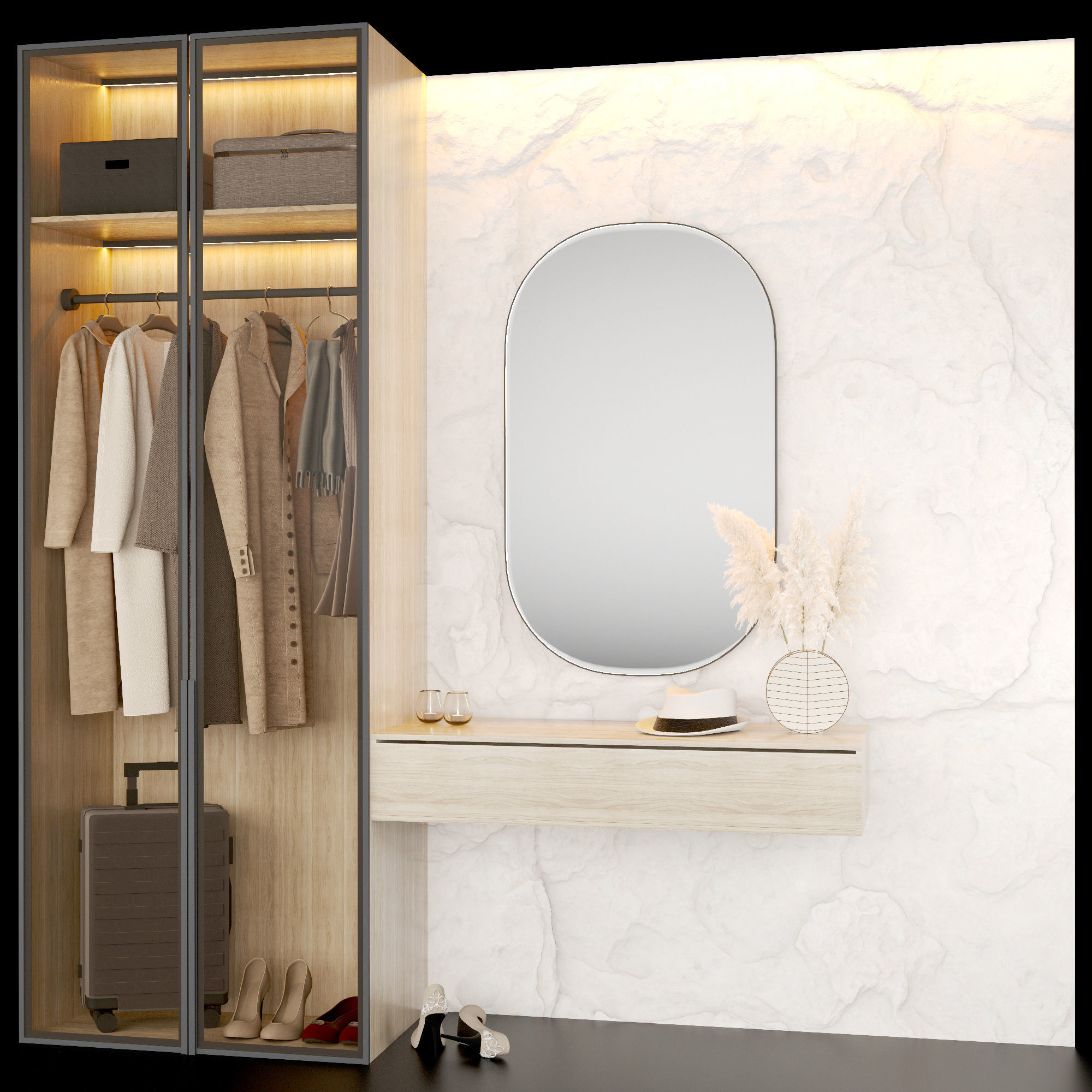 Hallway wardrobe with mirror and clothes hanging in it 3D model_2