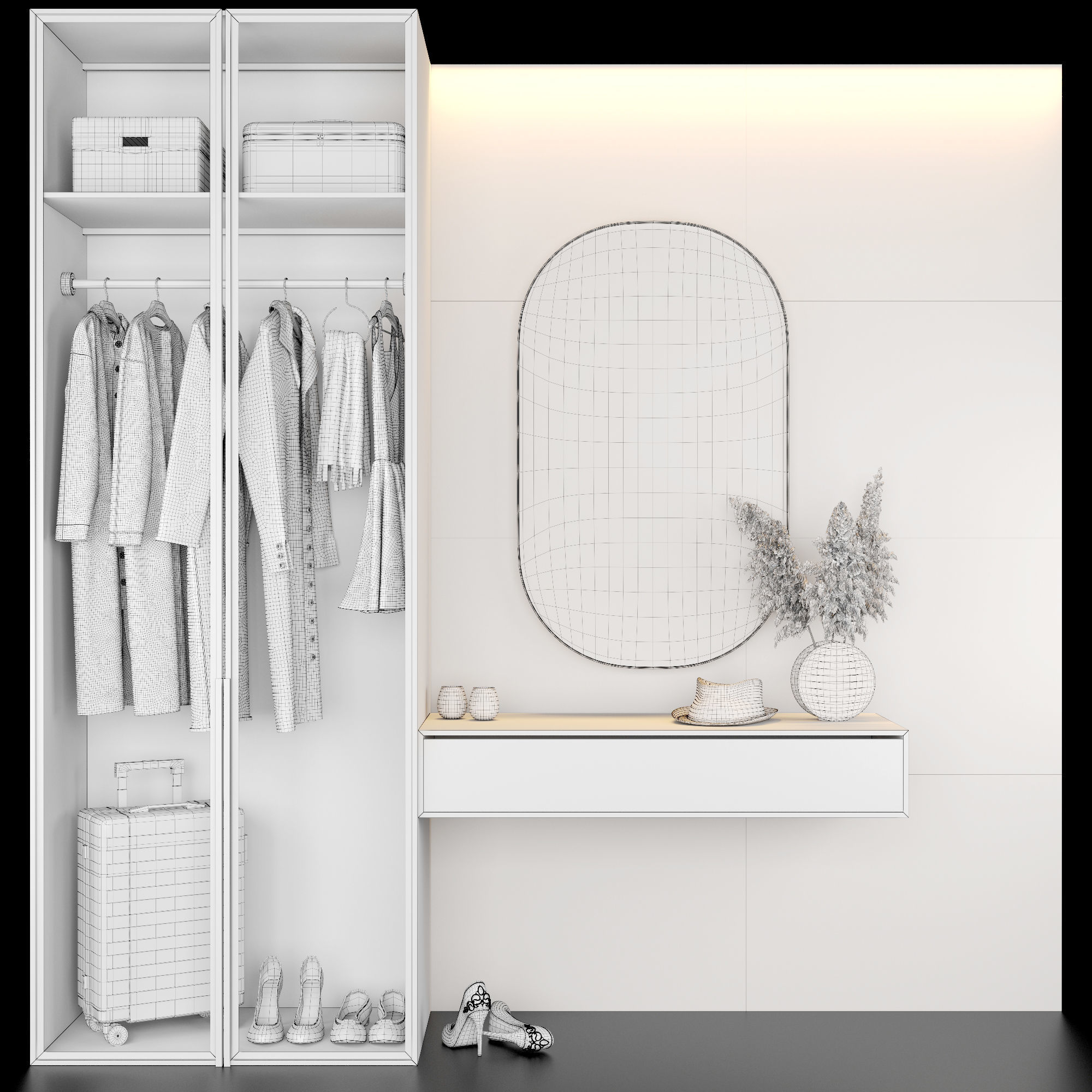 Hallway wardrobe with mirror and clothes hanging in it 3D model_7