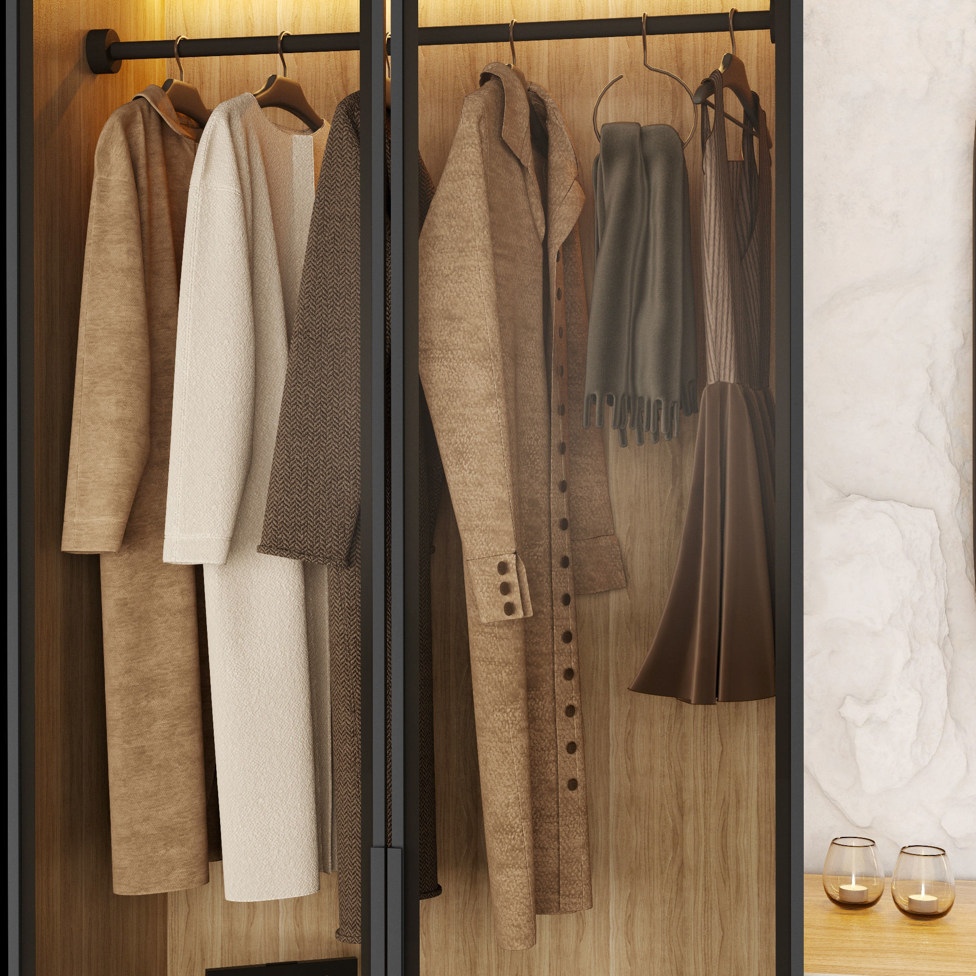 Hallway wardrobe with mirror and clothes hanging in it 3D model_5